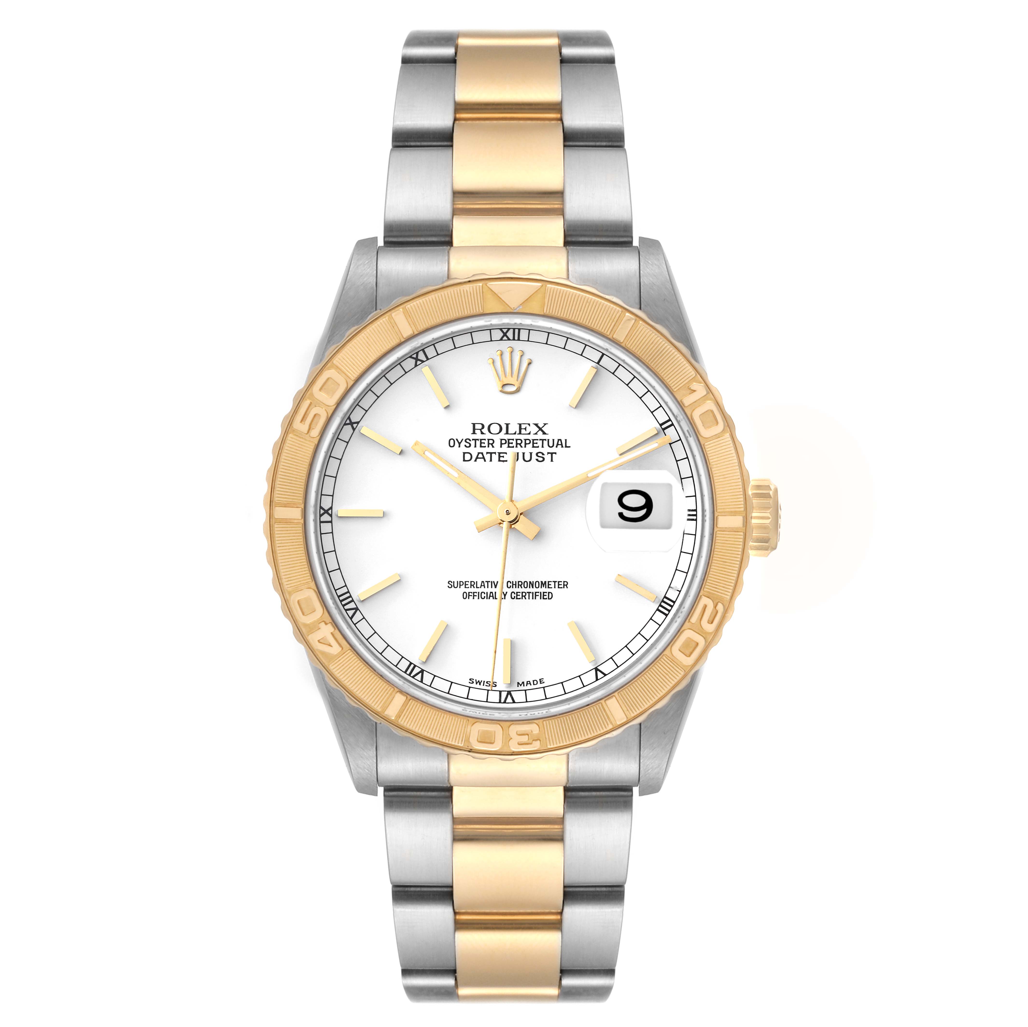 The Rolex Turn-o-Graph 16263 Men's Steel and Gold (two tone) White Dial 16263 Men's Steel and Gold (two tone) White Dial watch is shown from a top-down angle, displaying the face, bezel, and bracelet.