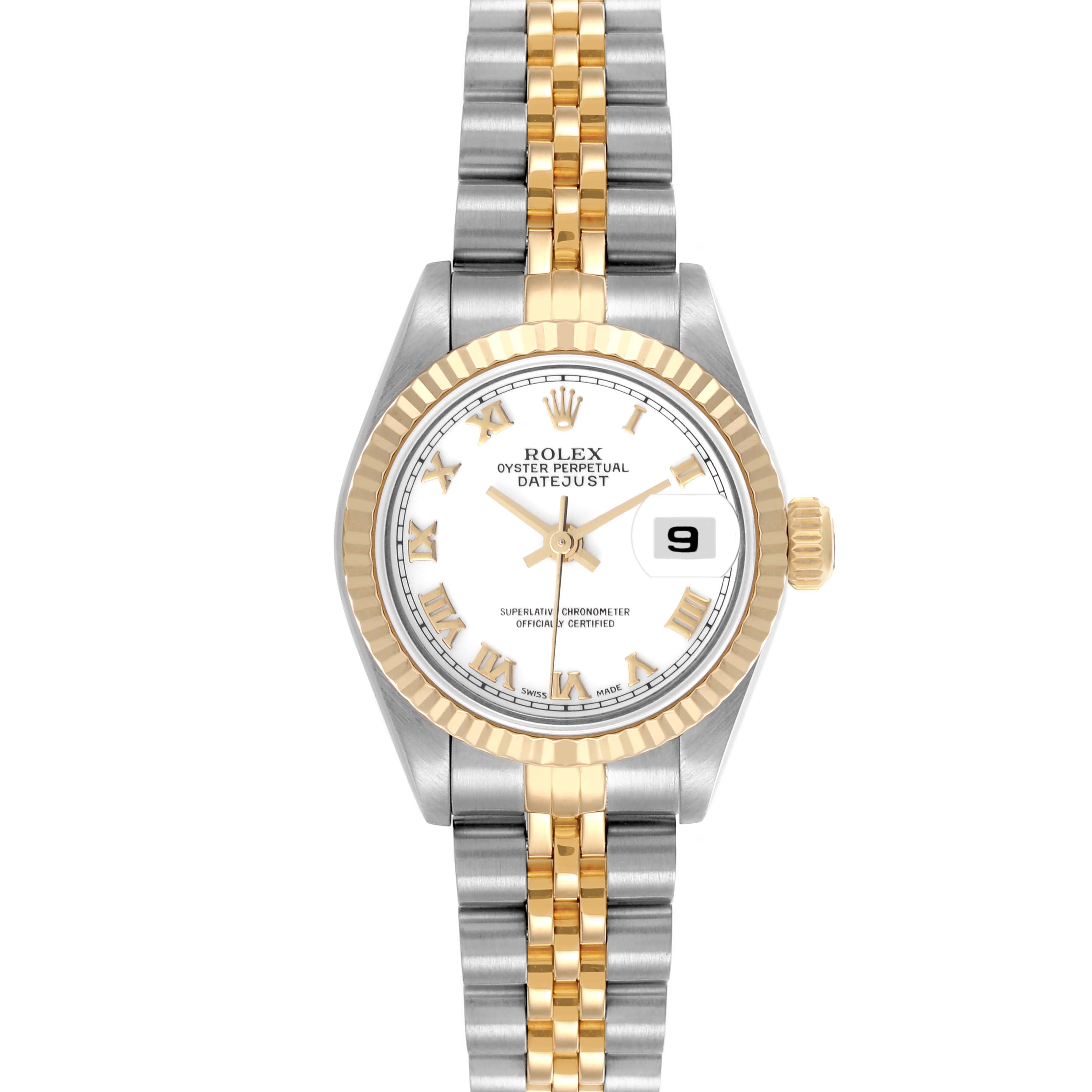 The Rolex Datejust 69173 Women's Steel and Gold (two tone) White Dial 69173 Women's Steel and Gold (two tone) White Dial watch is shown from a top-down view, displaying the dial, bezel, hands, and part of the Jubilee bracelet.