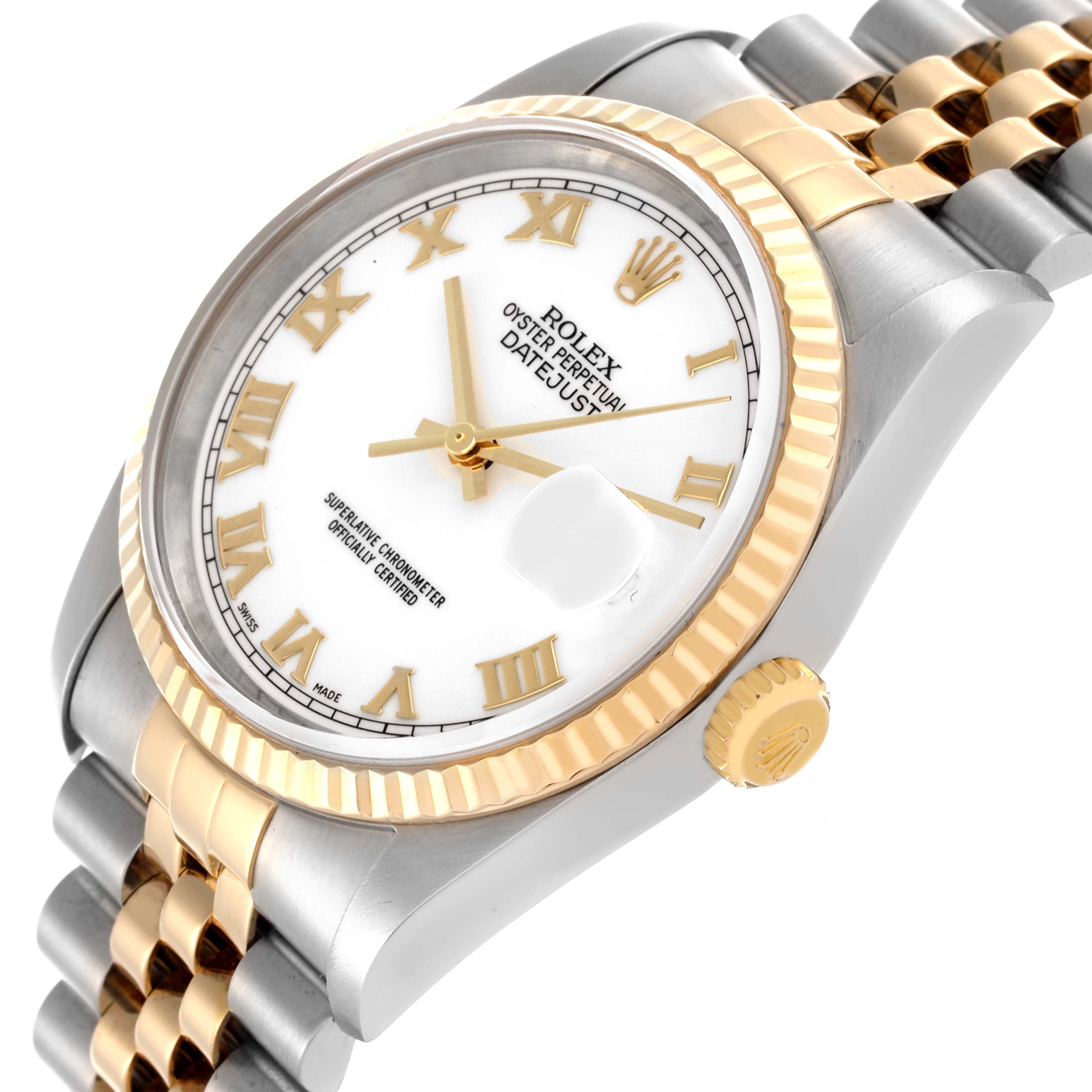 The Rolex Datejust 16233 Men
s Steel and Gold (two tone) White Dial 16233 Men
s Steel and Gold (two tone) White Dial watch is shown at an angled side view, highlighting the bezel, crown, dial, and part of the bracelet.
