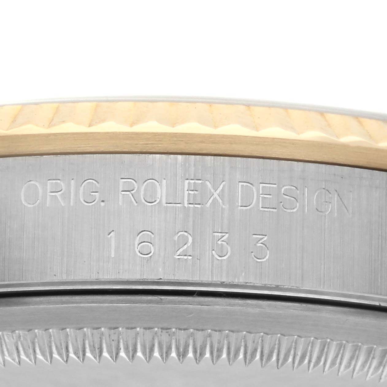 The image shows the side view of a Rolex Datejust 16233 Men
s Steel and Gold (two tone) White Dial 16233 Men
s Steel and Gold (two tone) White Dial watch, highlighting the model number and the edge of the bezel.
