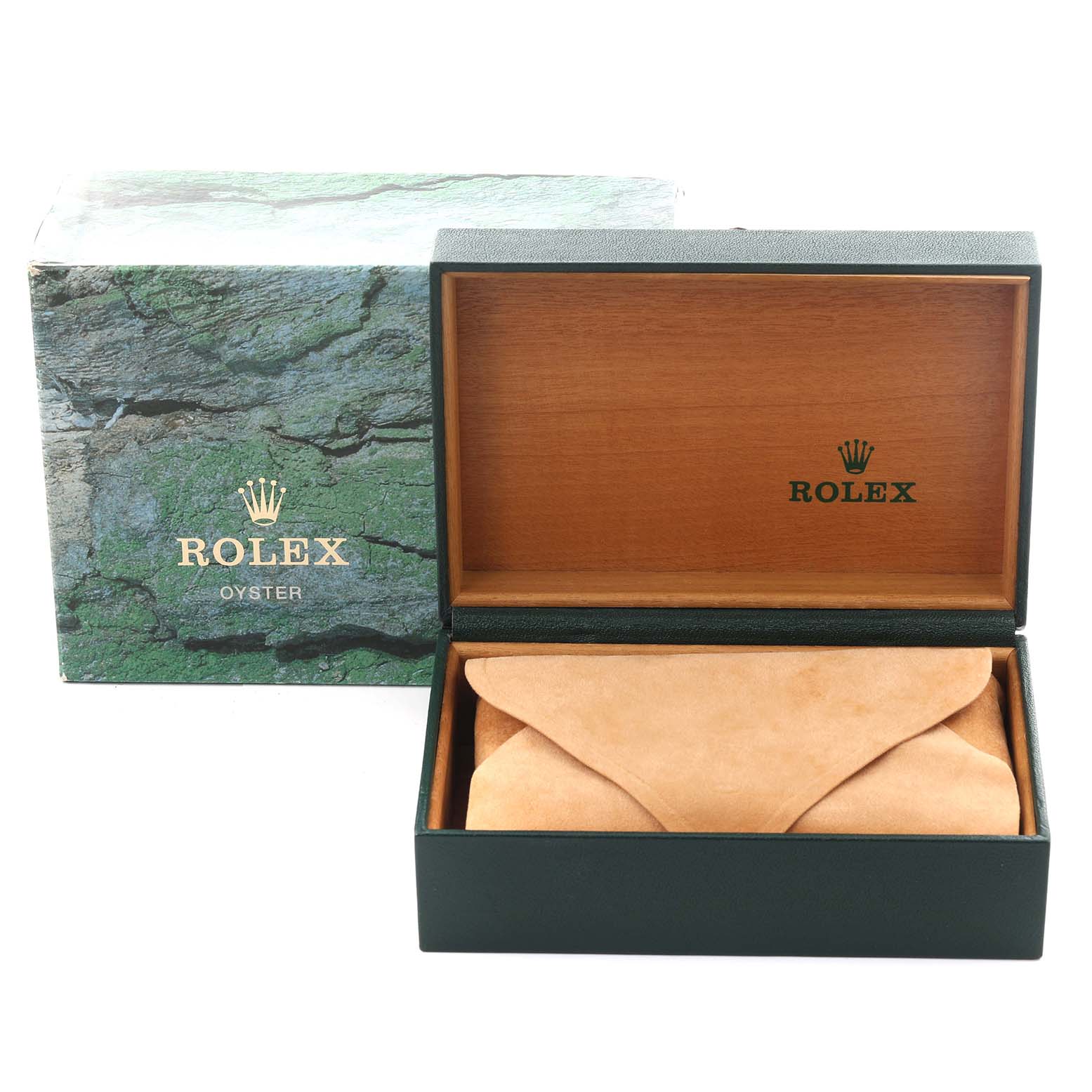 The image shows an open Rolex Datejust 16233 Men
s Steel and Gold (two tone) White Dial 16233 Men
s Steel and Gold (two tone) White Dial watch box, with a leather pouch and a branded outer box.