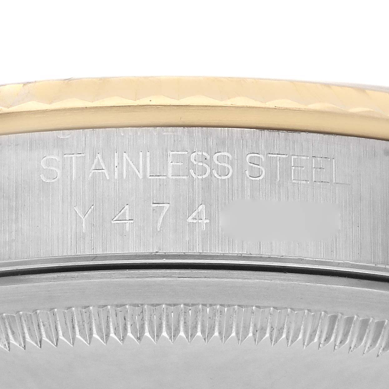 The image shows a close-up angle of the Rolex Datejust 16233 Men
s Steel and Gold (two tone) White Dial 16233 Men
s Steel and Gold (two tone) White Dial
s case side, highlighting the "STAINLESS STEEL" engraving.