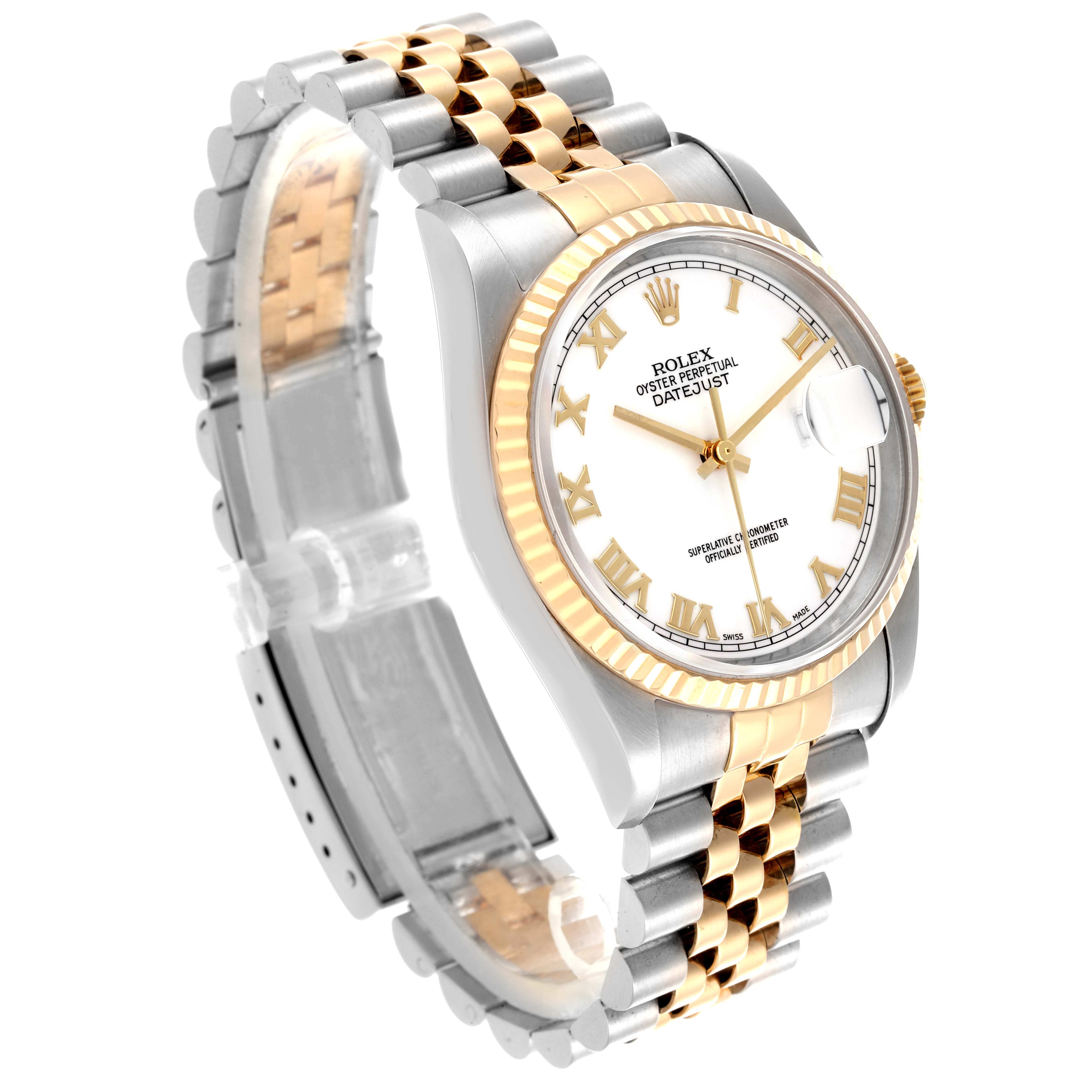 The Rolex Datejust 16233 Men
s Steel and Gold (two tone) White Dial 16233 Men
s Steel and Gold (two tone) White Dial watch is shown at a diagonal angle, highlighting the face, bezel, and the two-tone bracelet.