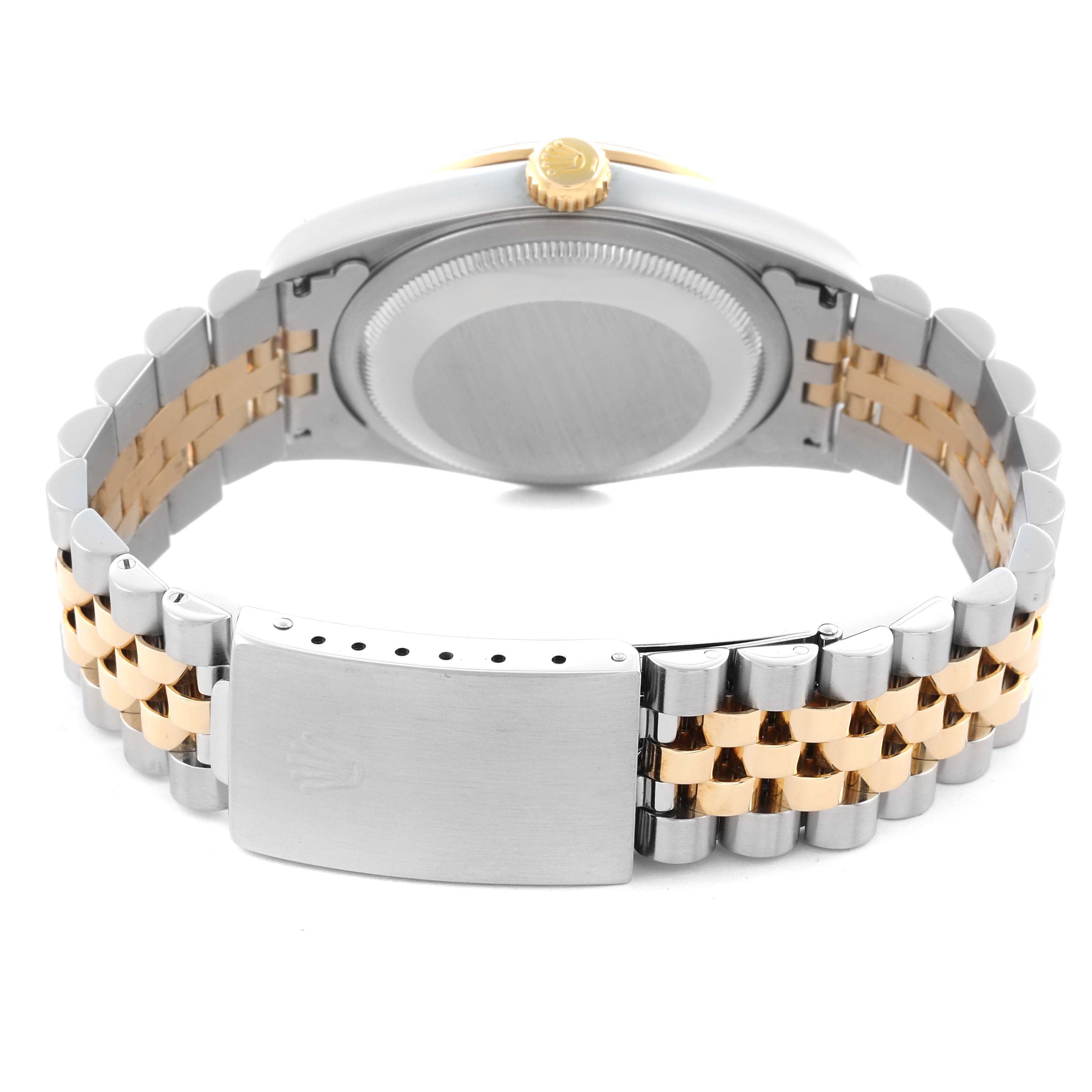 The image shows the back of a Rolex Datejust 16233 Men
s Steel and Gold (two tone) White Dial 16233 Men
s Steel and Gold (two tone) White Dial watch, highlighting the clasp and bracelet in a two-tone design.