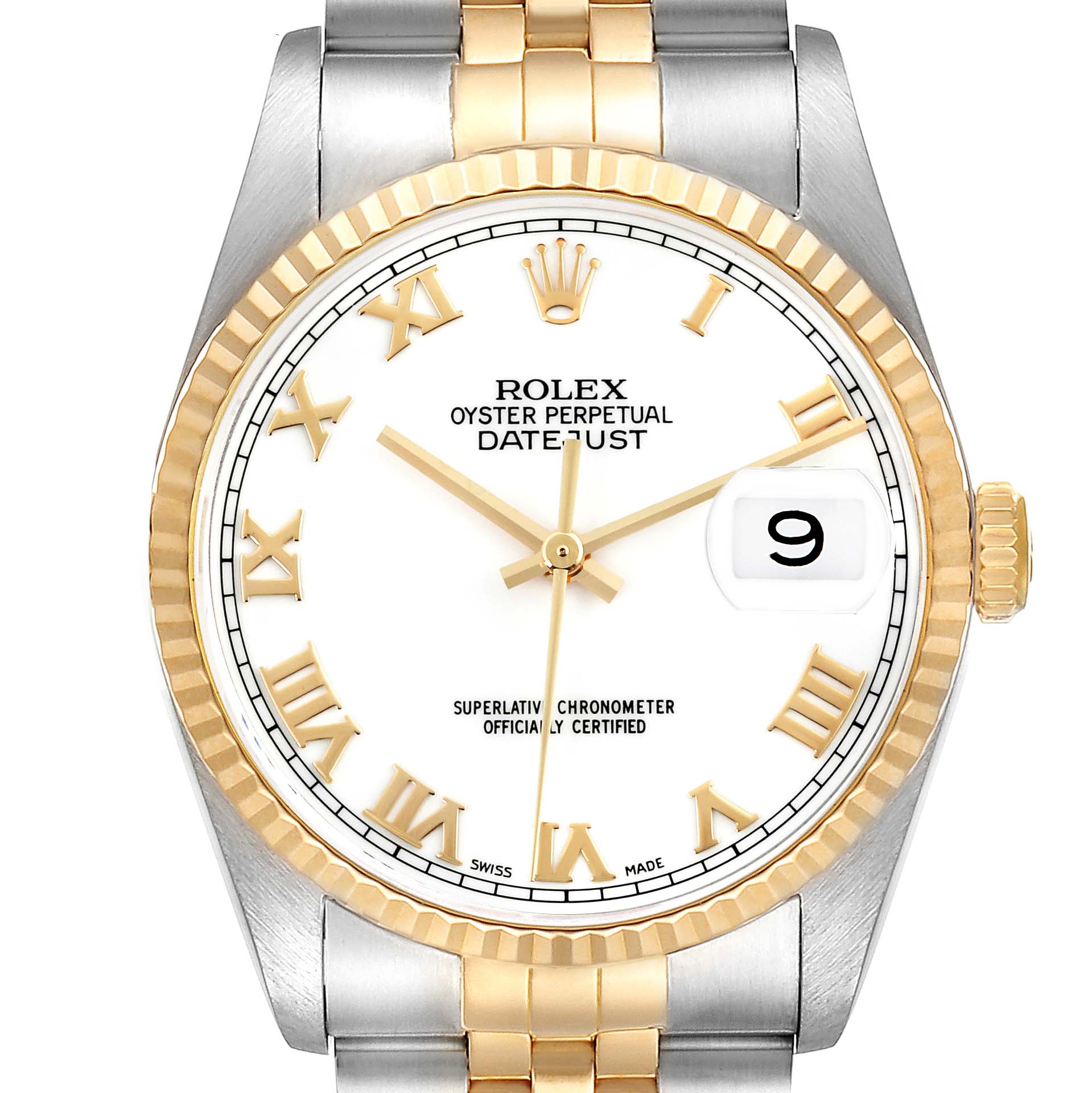 The Rolex Datejust 16233 Men
s Steel and Gold (two tone) White Dial 16233 Men
s Steel and Gold (two tone) White Dial watch is shown from a front angle, highlighting the dial, bezel, and part of the bracelet.