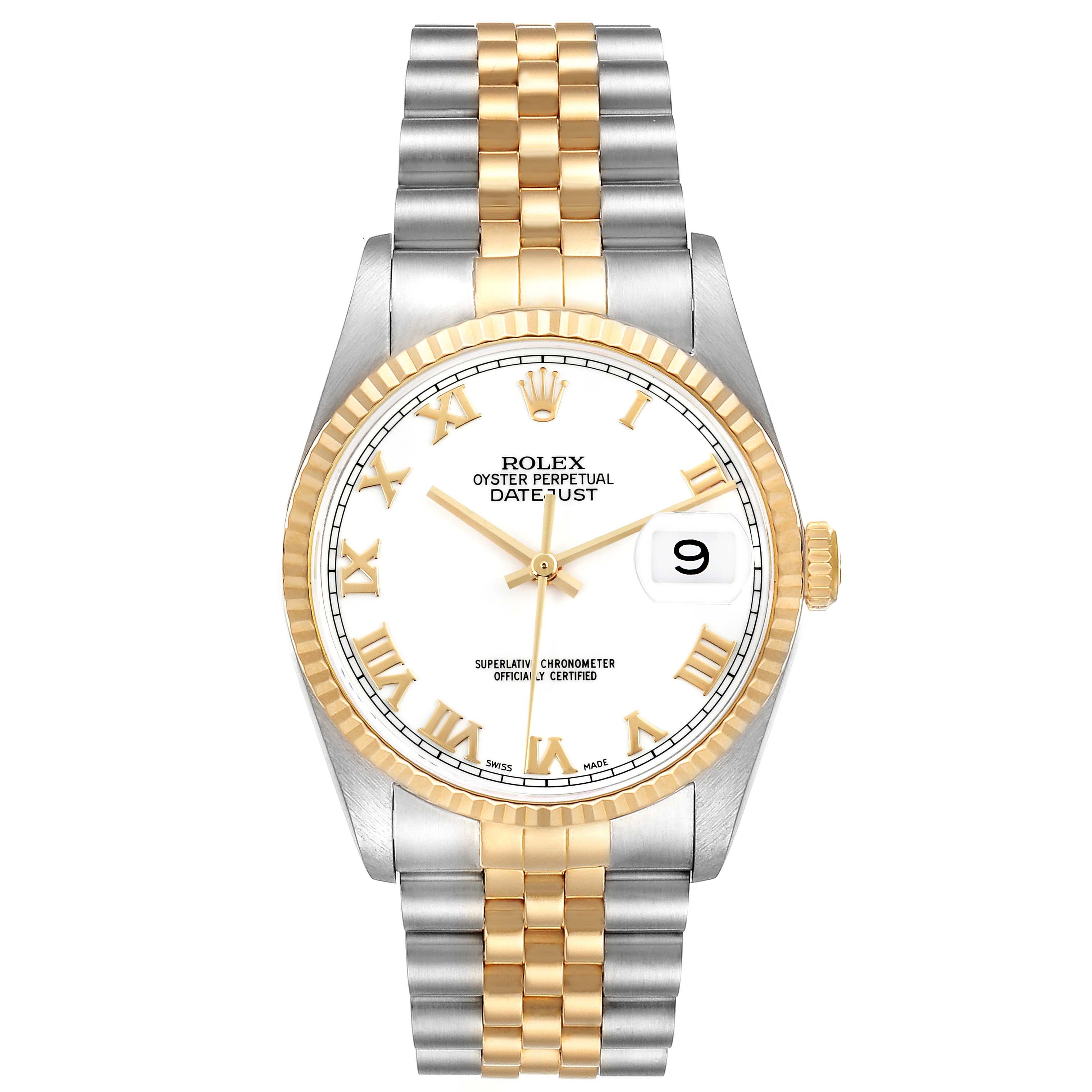The Rolex Datejust 16233 Men
s Steel and Gold (two tone) White Dial 16233 Men
s Steel and Gold (two tone) White Dial watch is shown from a top-down angle, displaying the face, bezel, and bracelet.