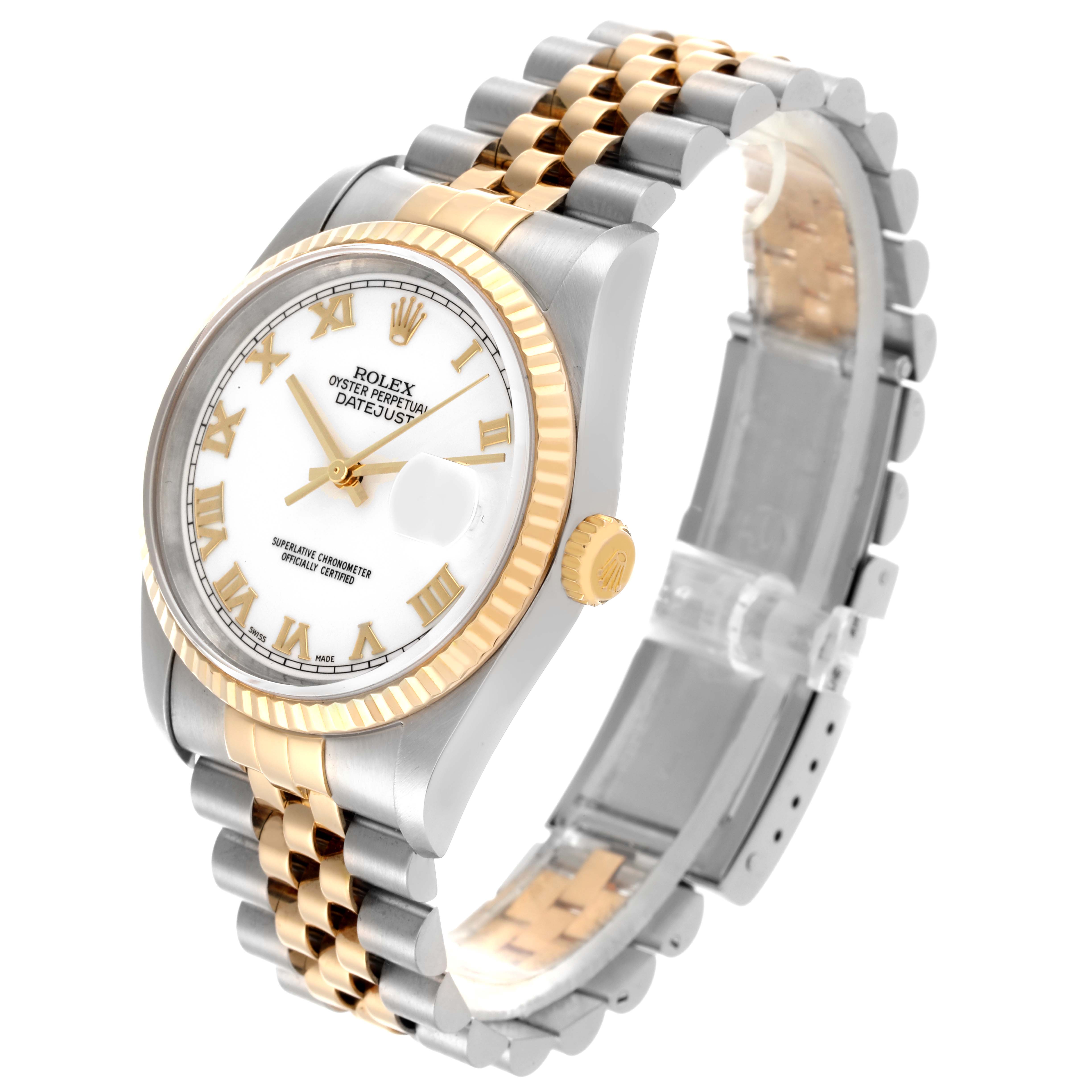 The Rolex Datejust 16233 Men
s Steel and Gold (two tone) White Dial 16233 Men
s Steel and Gold (two tone) White Dial watch is shown at an angled side view, displaying its face, bezel, crown, and jubilee bracelet.