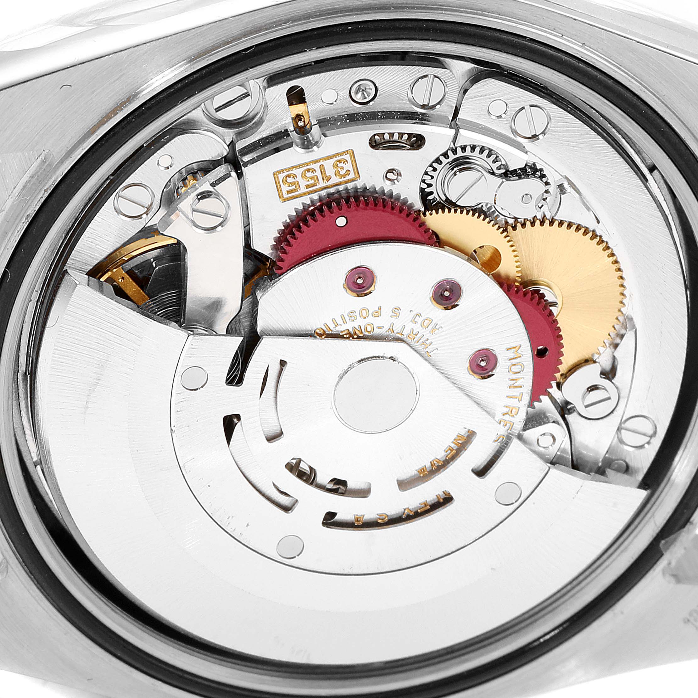 This image shows a close-up view of the inner mechanical movement of a Rolex President 118239 Men's White Gold Silver Dial 118239 Men's White Gold Silver Dial model watch.