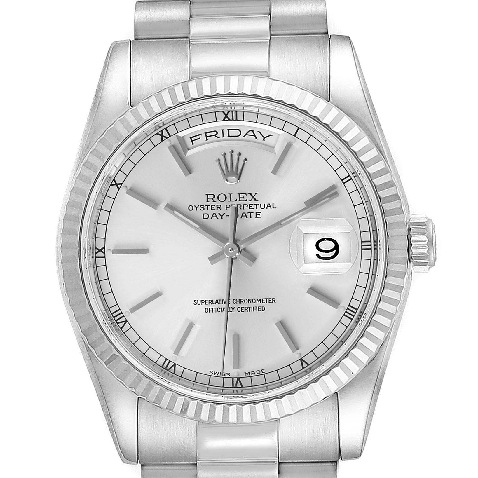 This image shows the Rolex President 118239 Men's White Gold Silver Dial 118239 Men's White Gold Silver Dial model watch from a front view, highlighting the dial, fluted bezel, day display, and bracelet.
