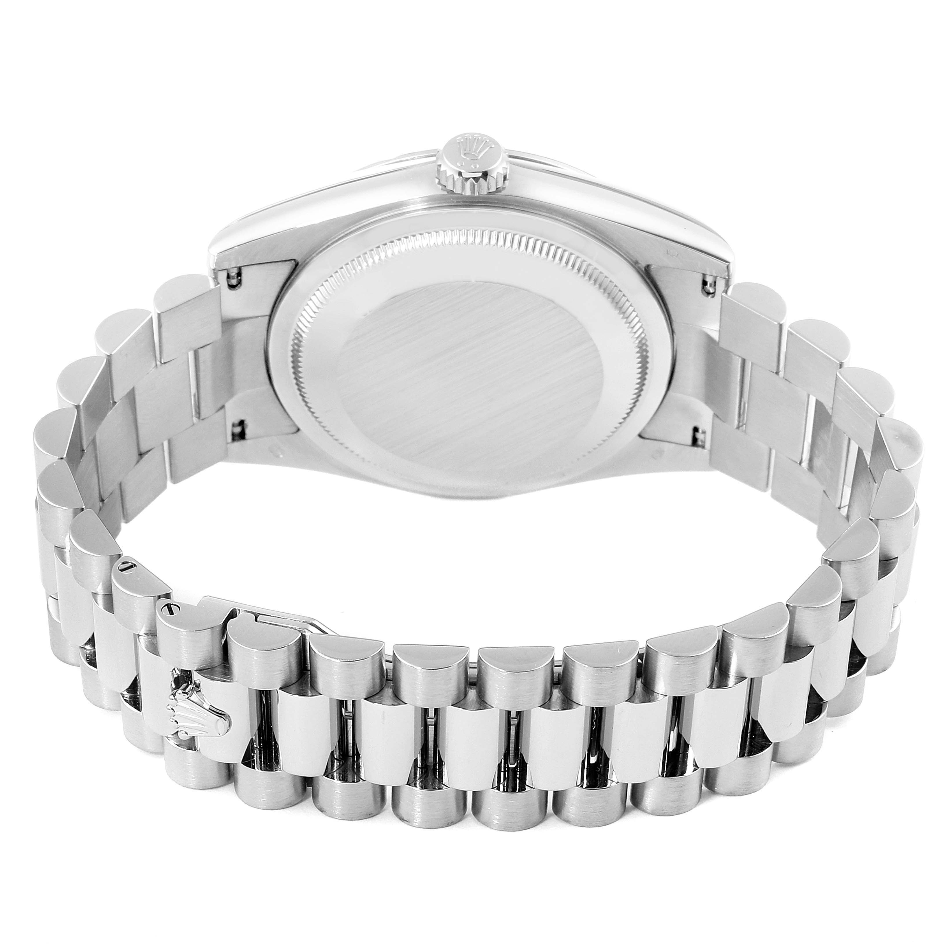 This image shows the back case and bracelet of a Rolex President 118239 Men's White Gold Silver Dial 118239 Men's White Gold Silver Dial model watch from an overhead angle.