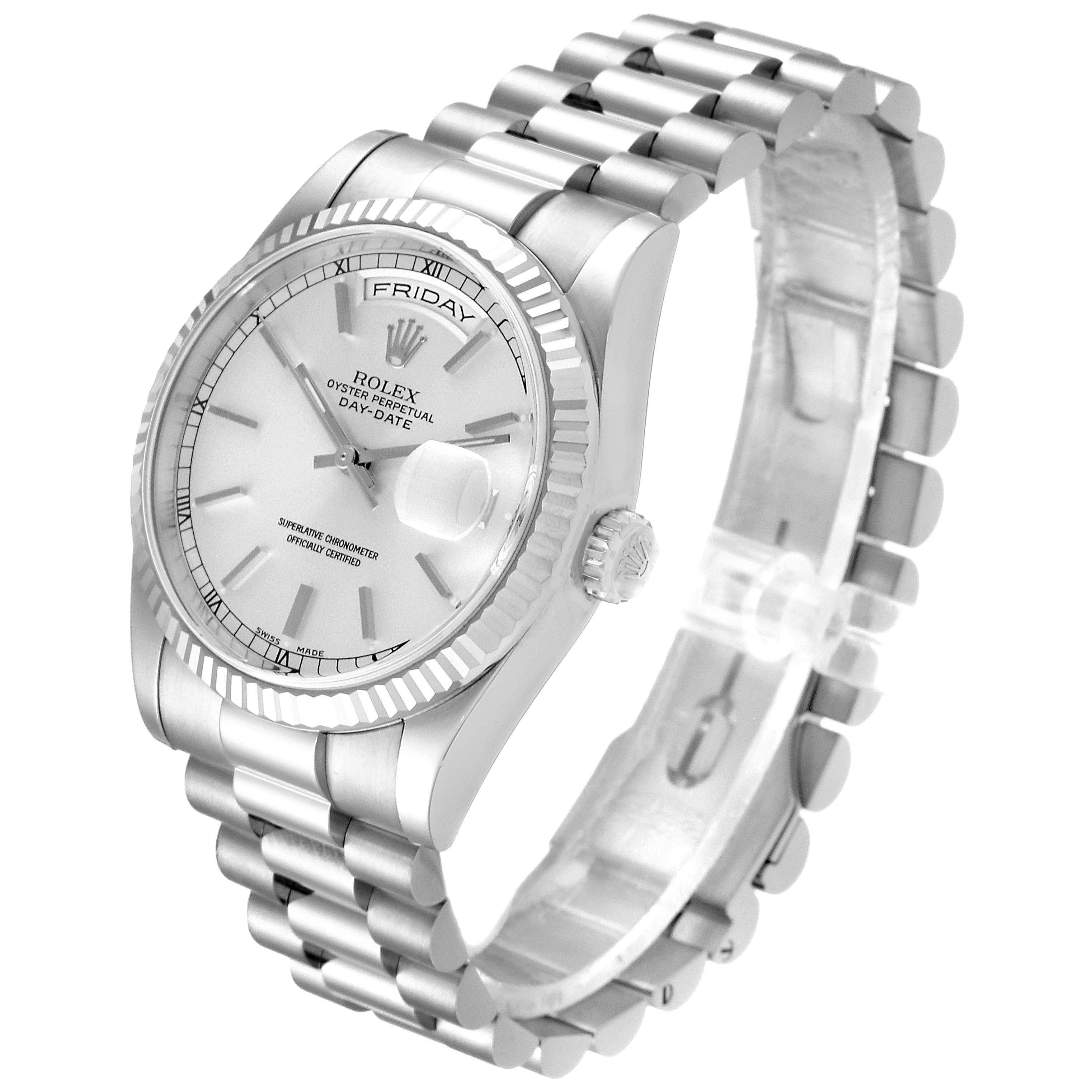 The image shows a Rolex President 118239 Men's White Gold Silver Dial 118239 Men's White Gold Silver Dial model watch, angled to display the face, bezel, crown, and part of the bracelet.