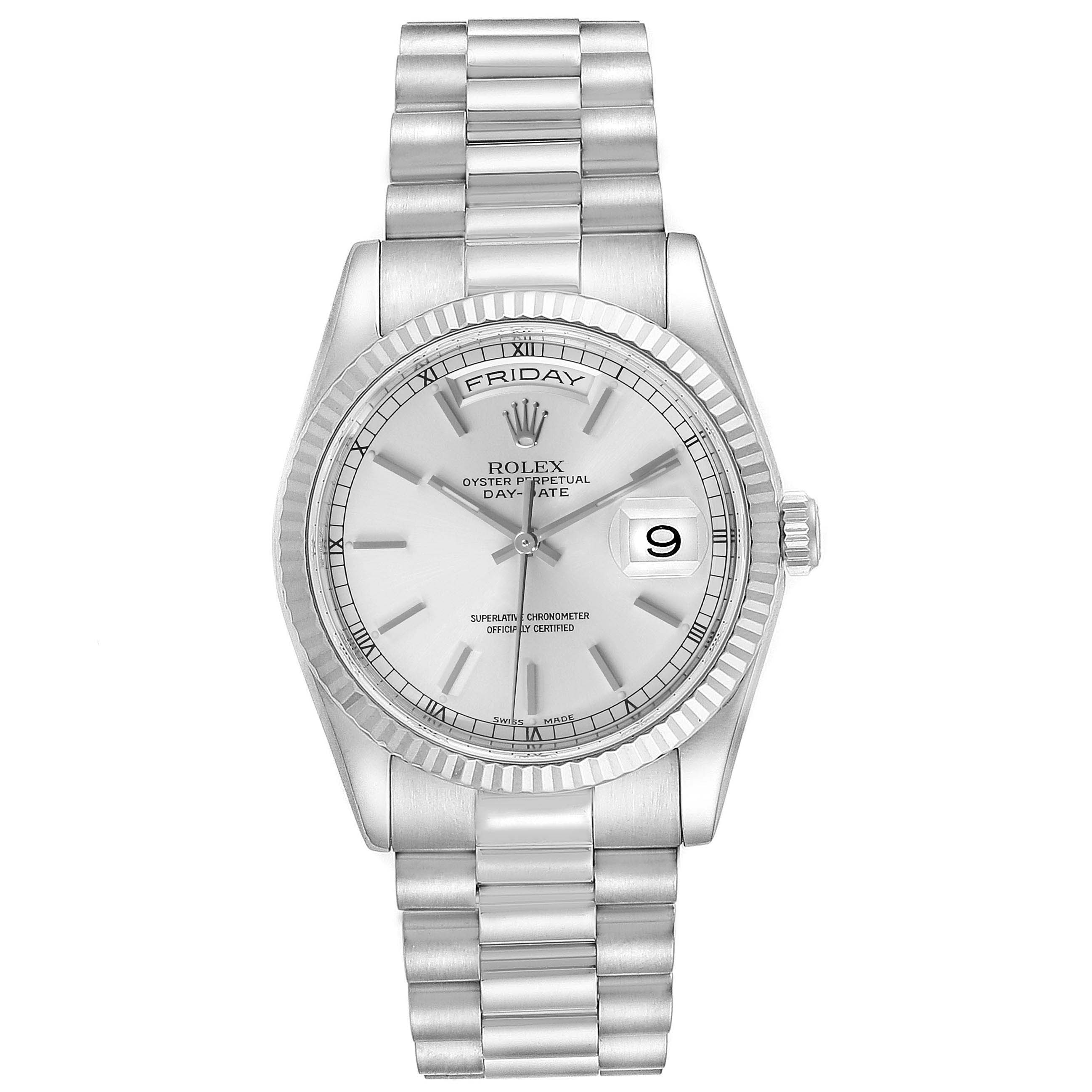This Rolex President 118239 Men's White Gold Silver Dial 118239 Men's White Gold Silver Dial model watch is shown from the front, displaying the watch face, day, date, and bracelet.
