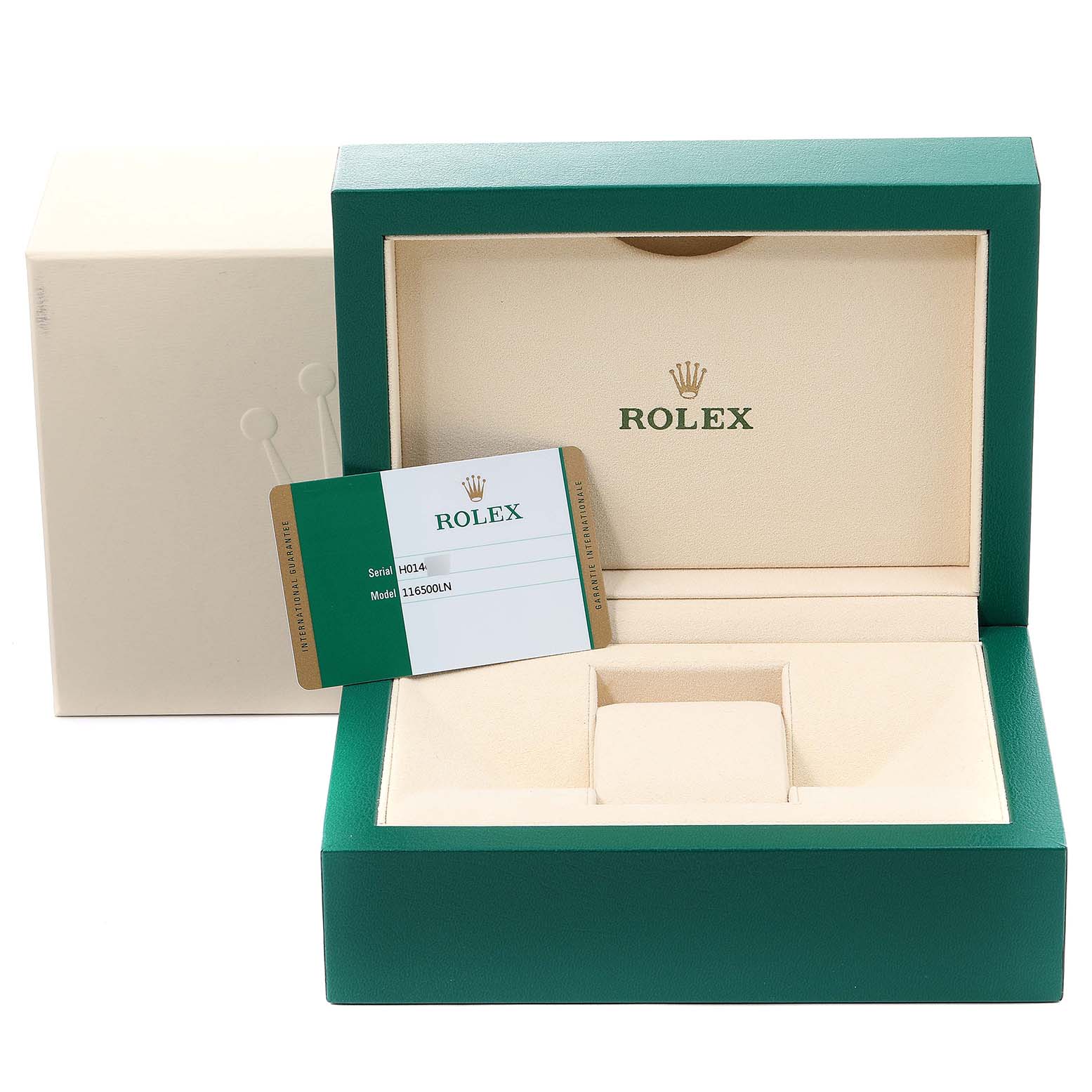The image shows a Rolex Daytona 116500 Men's Stainless Steel White Dial 116500 Men's Stainless Steel White Dial watch box, an authenticity card, and an outer box, all at a straight angle.