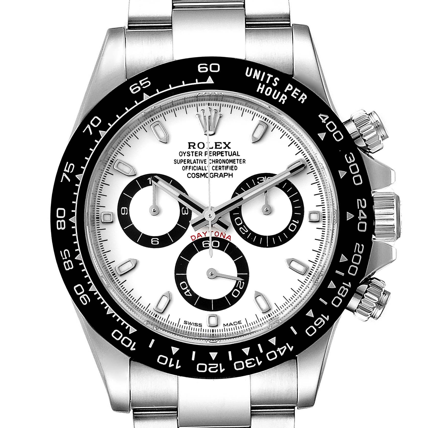 This image shows a frontal view of the Rolex Daytona 116500 Men's Stainless Steel White Dial 116500 Men's Stainless Steel White Dial watch, highlighting its dial, bezel, crown, and chronograph sub-dials.