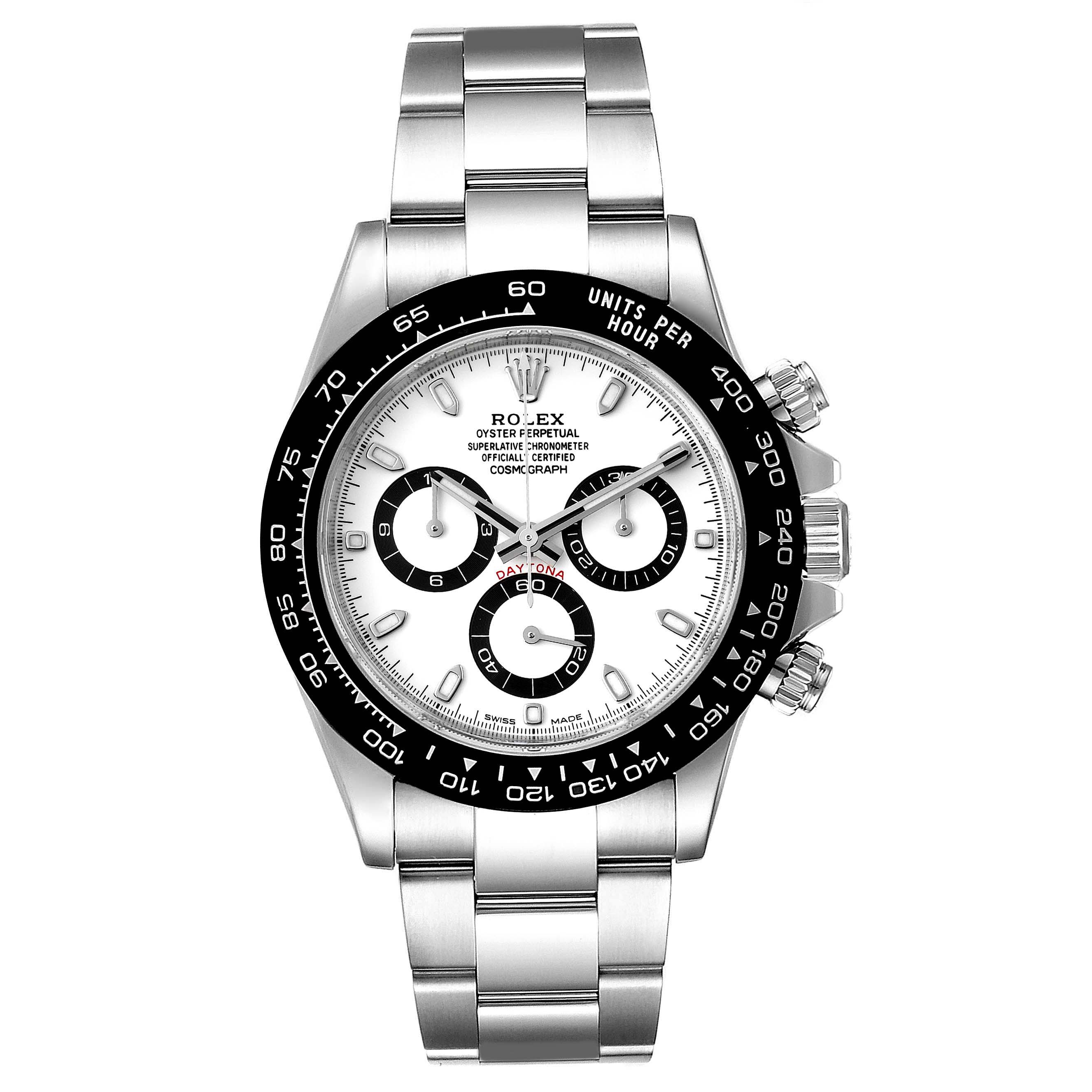 This image shows a front view of a Rolex Daytona 116500 Men's Stainless Steel White Dial 116500 Men's Stainless Steel White Dial watch with a white dial and stainless steel bracelet.