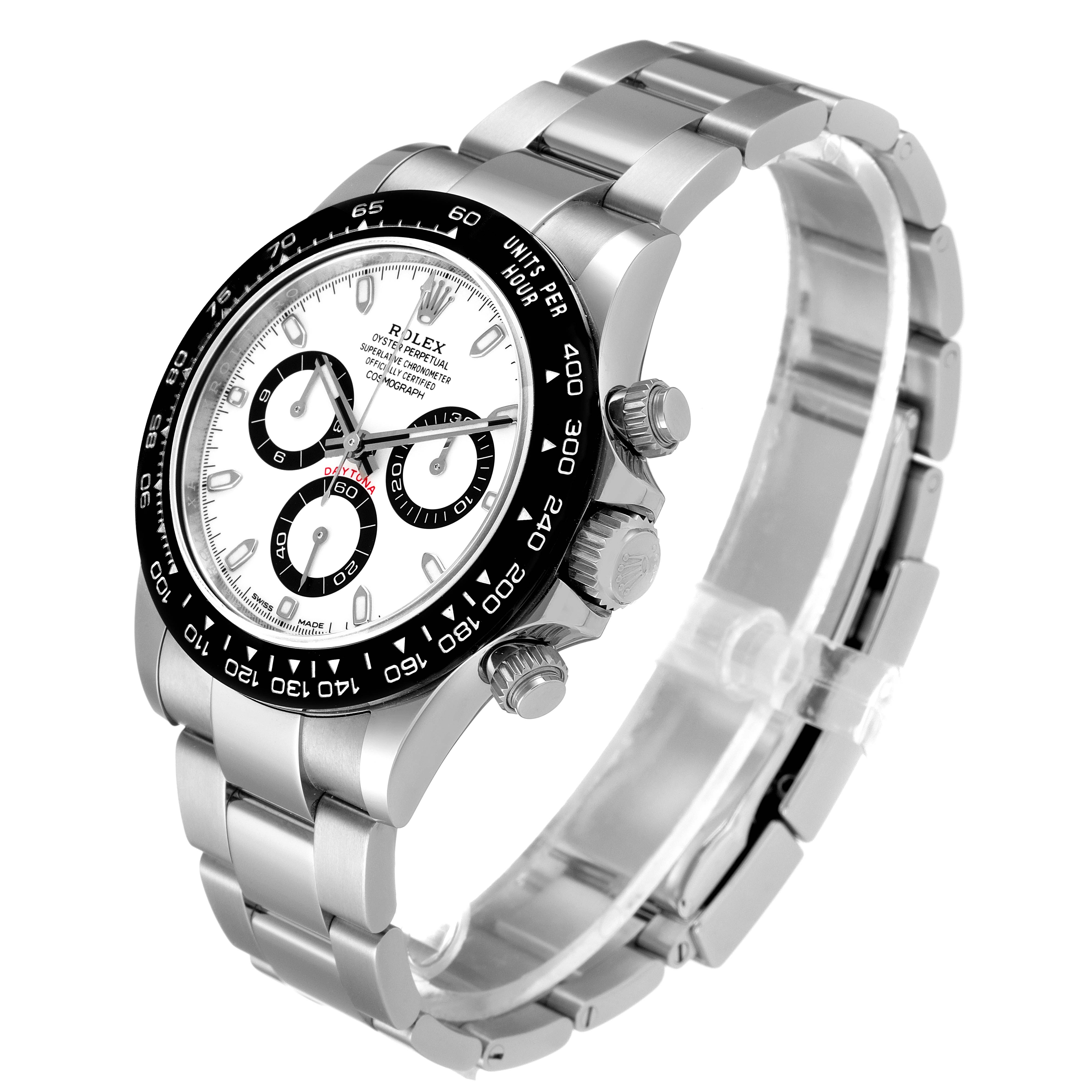 The image shows a side and front angle of a Rolex Daytona 116500 Men's Stainless Steel White Dial 116500 Men's Stainless Steel White Dial watch, highlighting the face, bezel, crown, and bracelet.