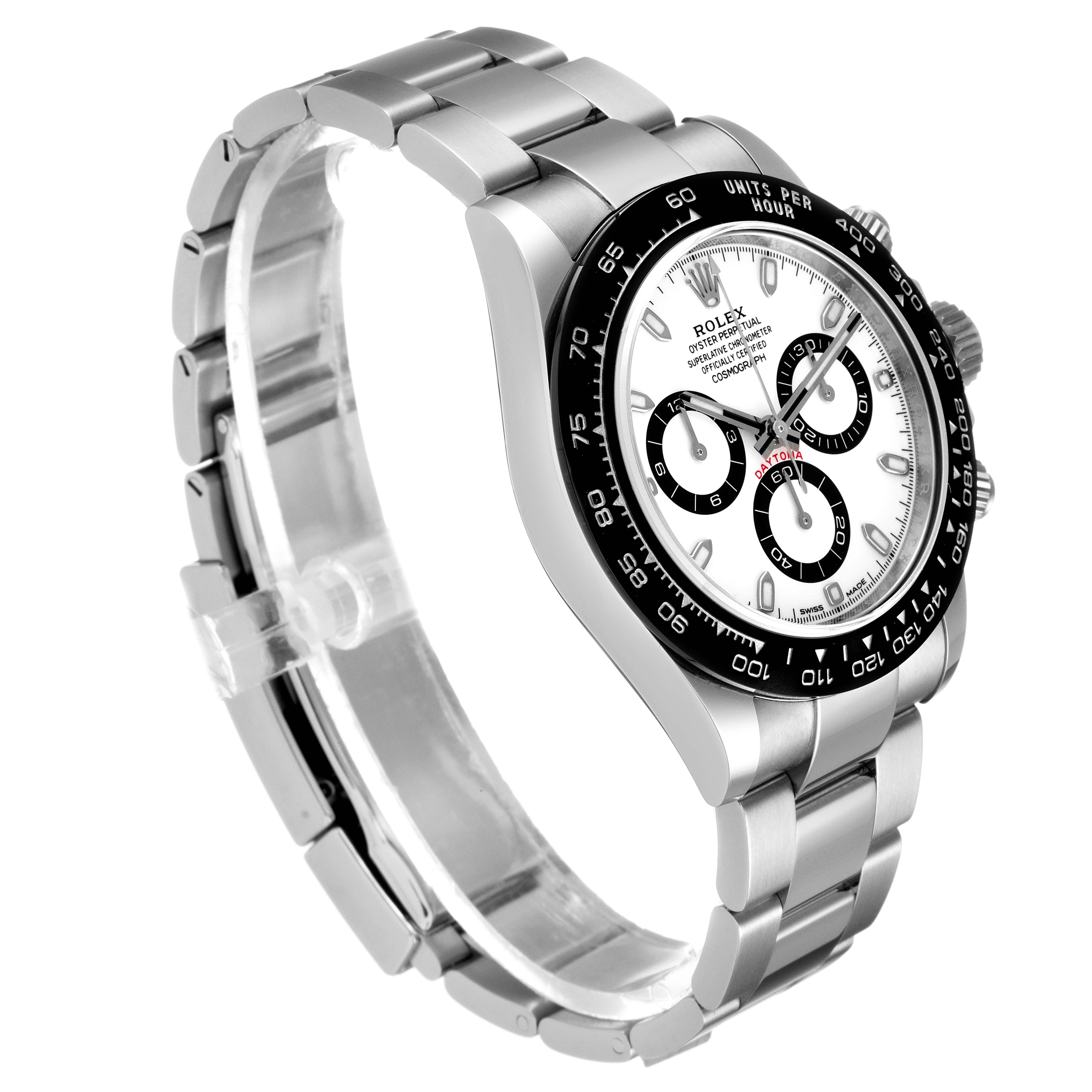 The image shows a side angle of a Rolex Daytona 116500 Men's Stainless Steel White Dial 116500 Men's Stainless Steel White Dial watch, highlighting the bracelet, bezel, and dial with chronograph subdials.