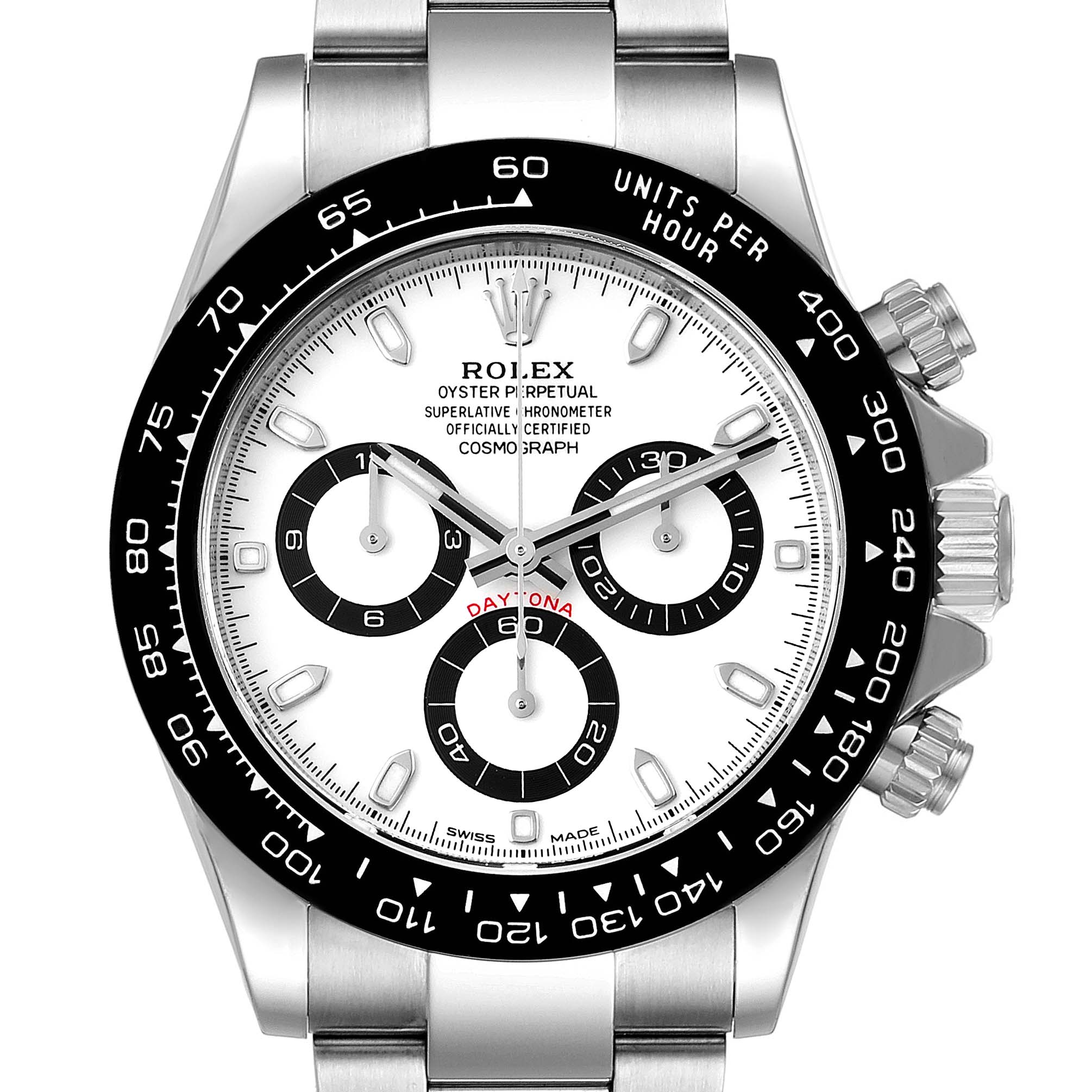 The image shows a frontal close-up of the Rolex Daytona 116500 Men's Stainless Steel White Dial 116500 Men's Stainless Steel White Dial watch, highlighting its dial, bezel, and pushers.