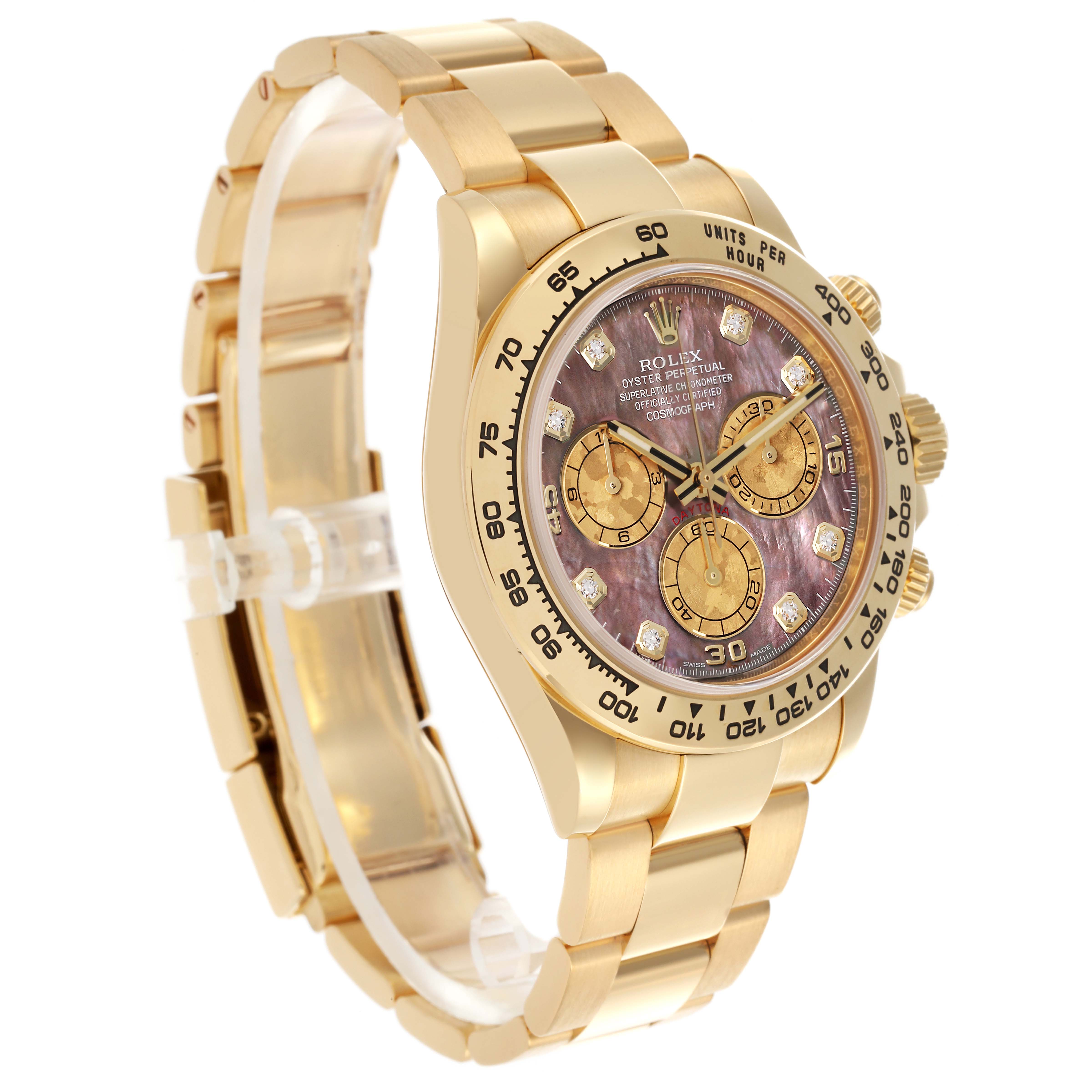 The Rolex Daytona 116508 Men's Yellow Gold Mother of Pearl Dial 116508 Men's Yellow Gold Mother of Pearl Dial watch is shown at a three-quarter angle, highlighting the face, bezel, and bracelet.
