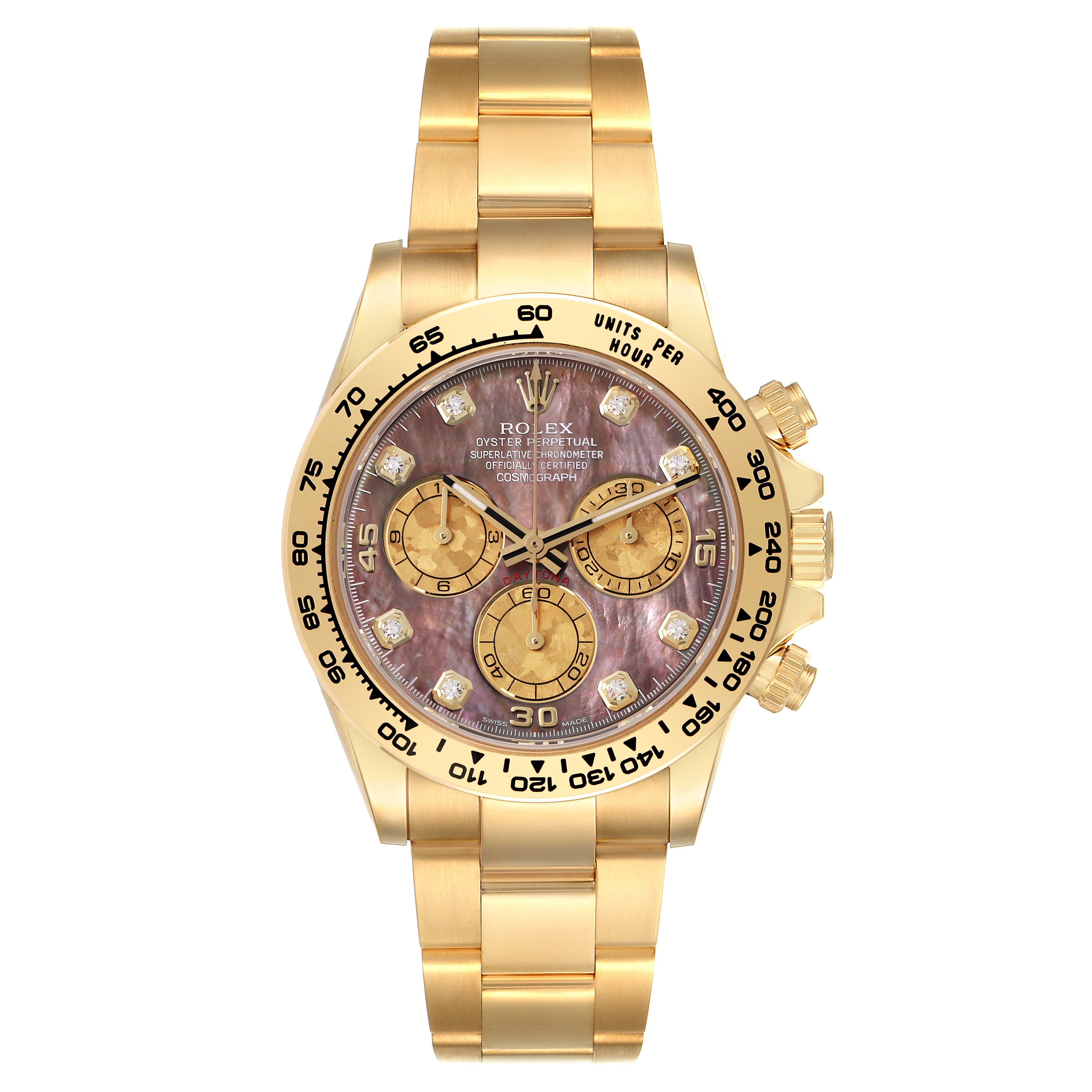 The Rolex Daytona 116508 Men's Yellow Gold Mother of Pearl Dial 116508 Men's Yellow Gold Mother of Pearl Dial watch is shown from a top angle, displaying its face, bracelet, and side buttons.
