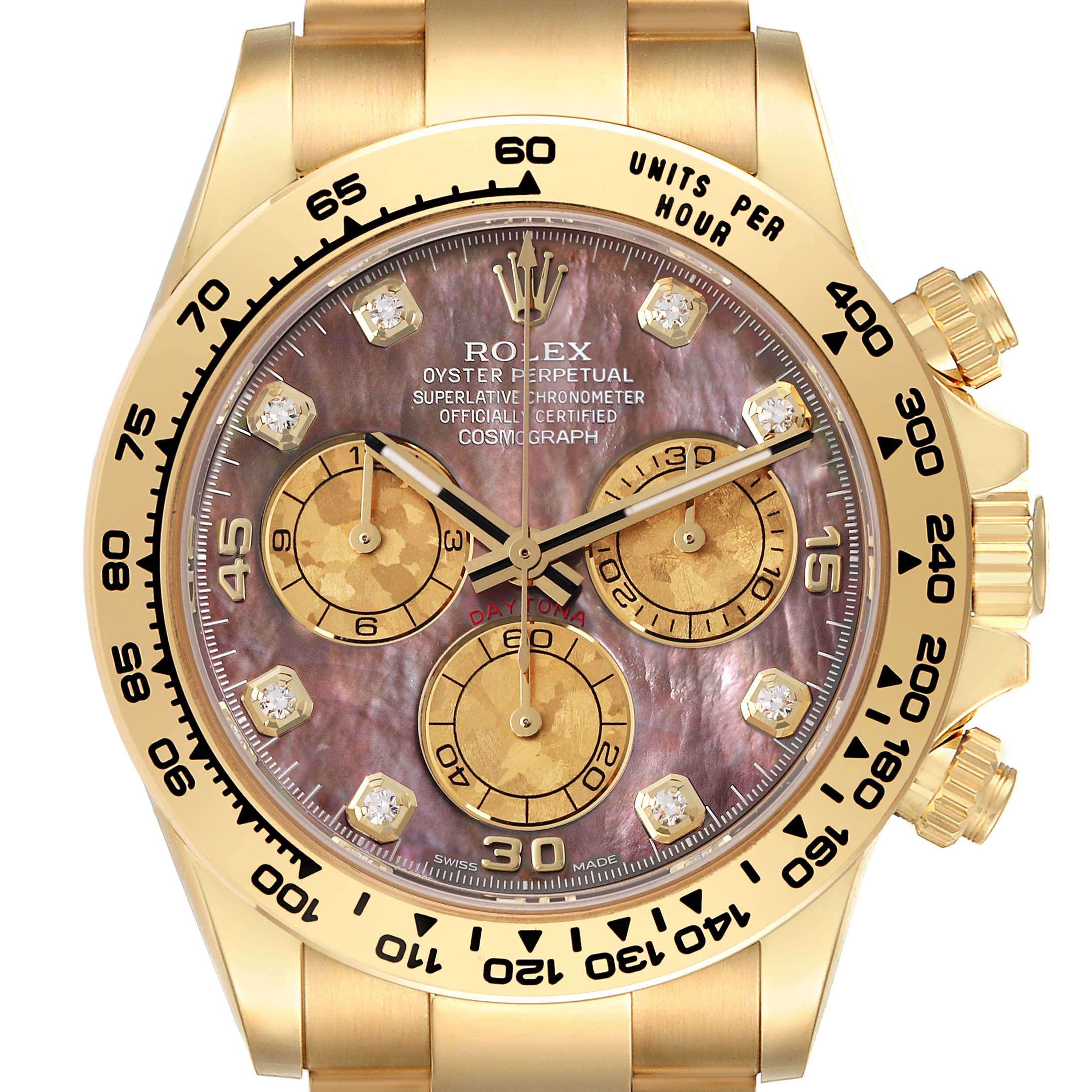 The Rolex Daytona 116508 Men's Yellow Gold Mother of Pearl Dial 116508 Men's Yellow Gold Mother of Pearl Dial watch is shown from the front, displaying its face, bezel, and pushers.