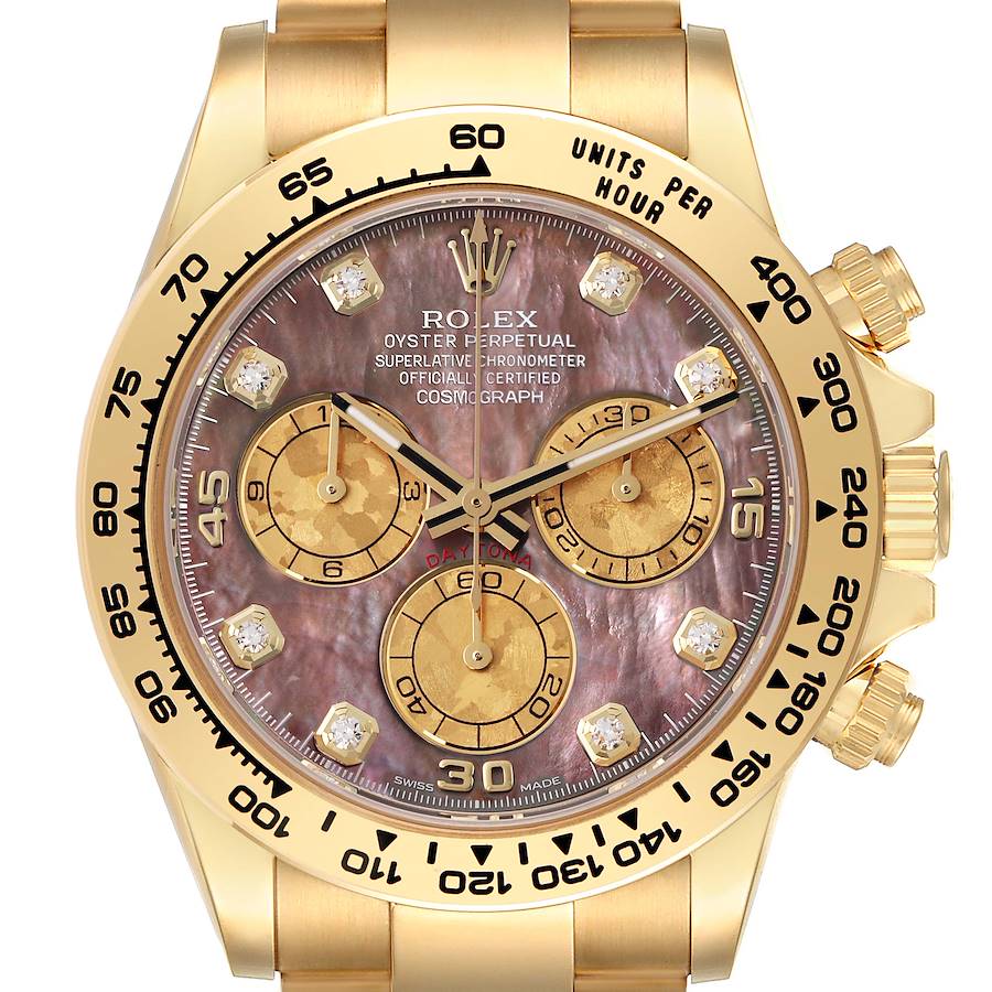 The Rolex Daytona watch is shown from the front, displaying its face, bezel, and pushers.