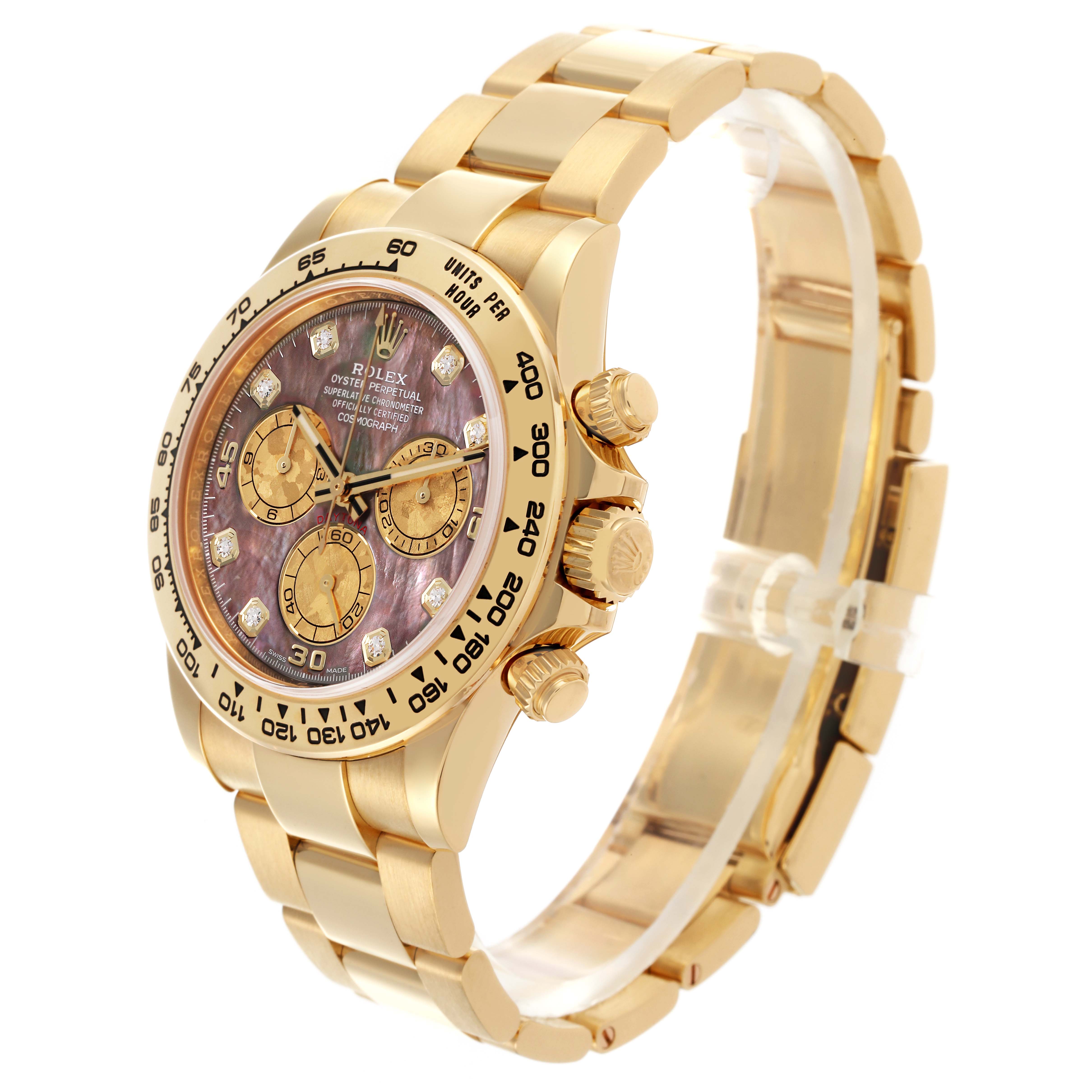 The Rolex Daytona 116508 Men's Yellow Gold Mother of Pearl Dial 116508 Men's Yellow Gold Mother of Pearl Dial watch is shown at a three-quarter angle, highlighting the bezel, crown, and bracelet.