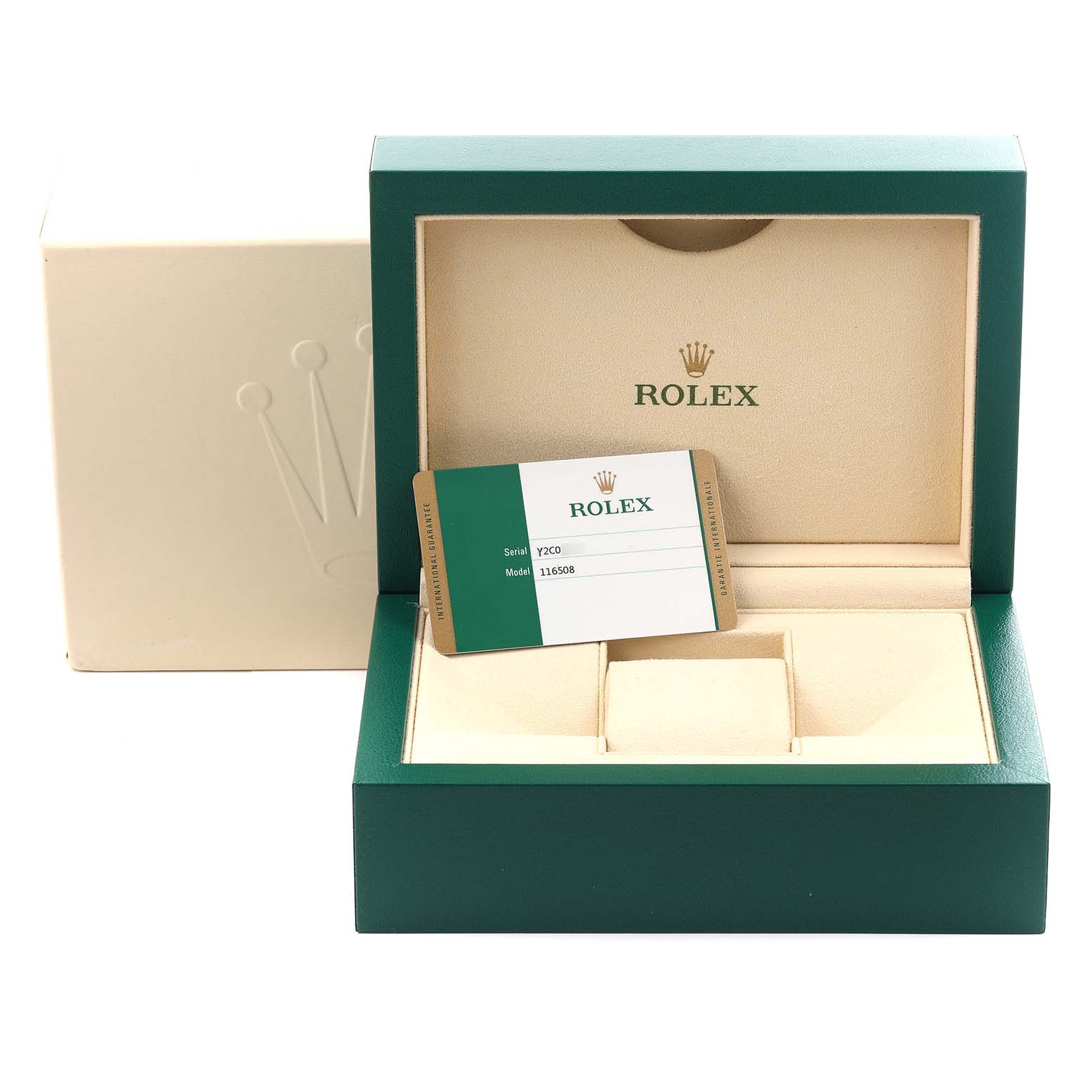 The image shows a Rolex Daytona 116508 Men's Yellow Gold Mother of Pearl Dial 116508 Men's Yellow Gold Mother of Pearl Dial box set at an angle, including the box, foam insert, and authenticity card.