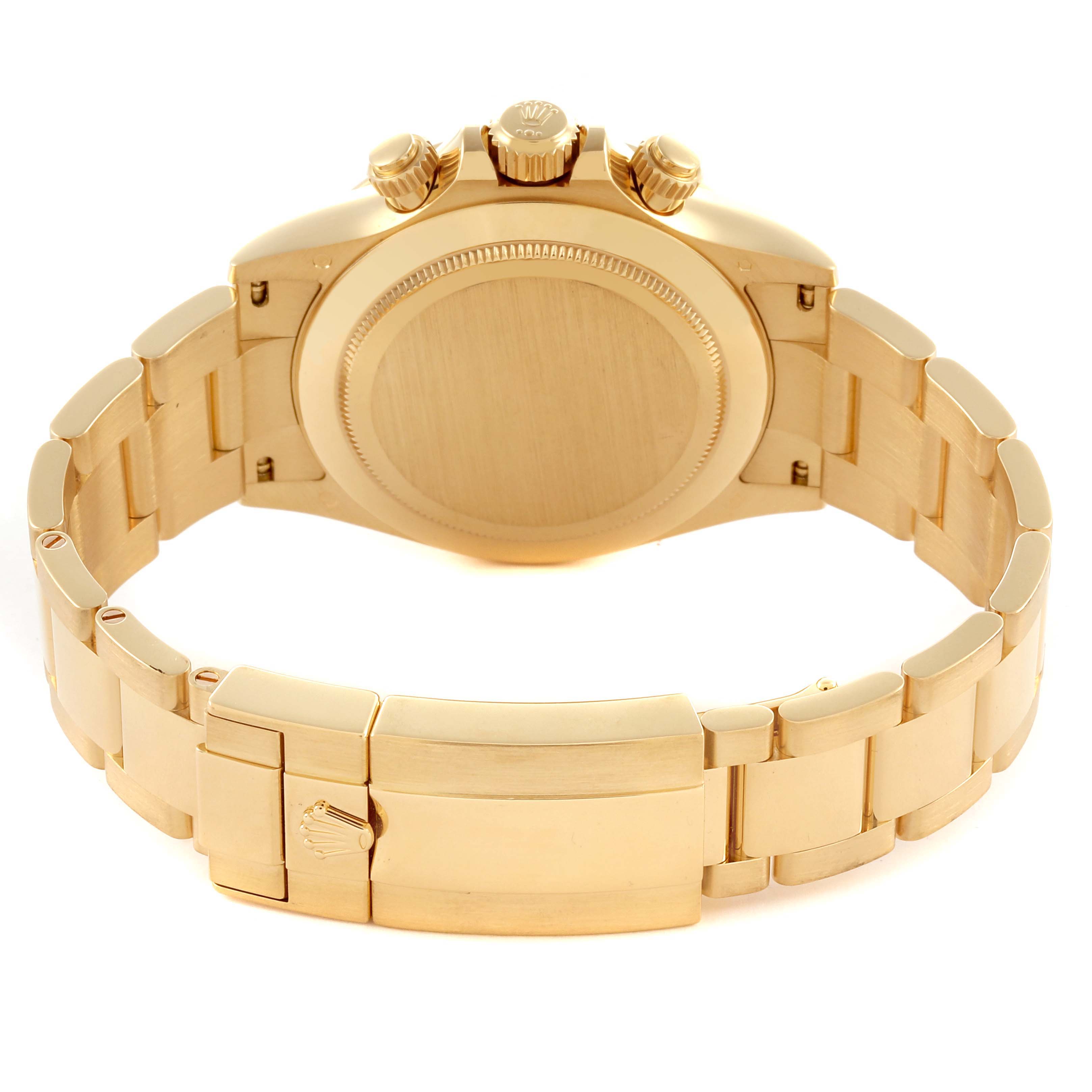 The Rolex Daytona 116508 Men's Yellow Gold Mother of Pearl Dial 116508 Men's Yellow Gold Mother of Pearl Dial watch is shown from the back, highlighting the clasp, bracelet, and case back.