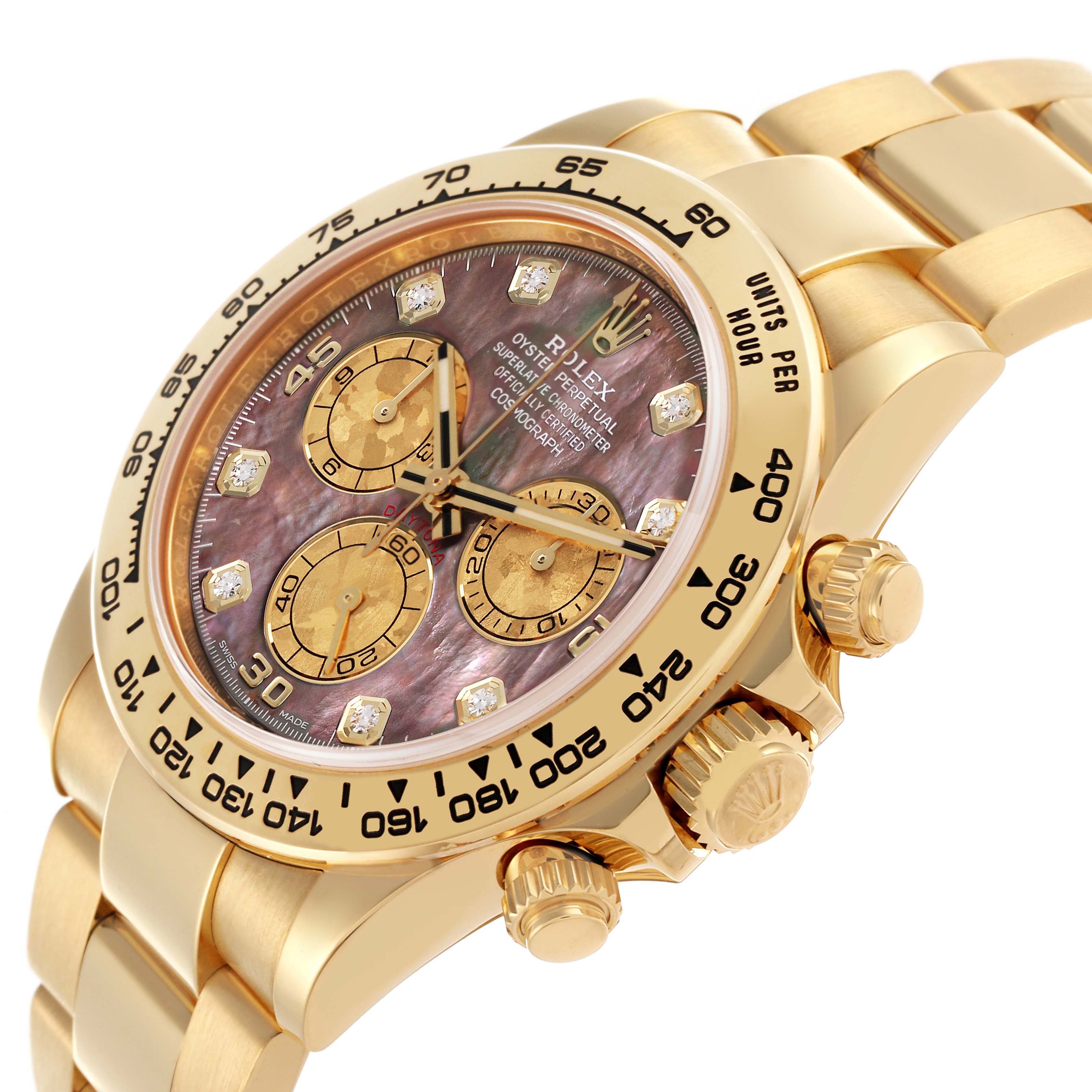 The Rolex Daytona 116508 Men's Yellow Gold Mother of Pearl Dial 116508 Men's Yellow Gold Mother of Pearl Dial watch is shown from a side angle, highlighting the bezel, crown, and part of the bracelet.