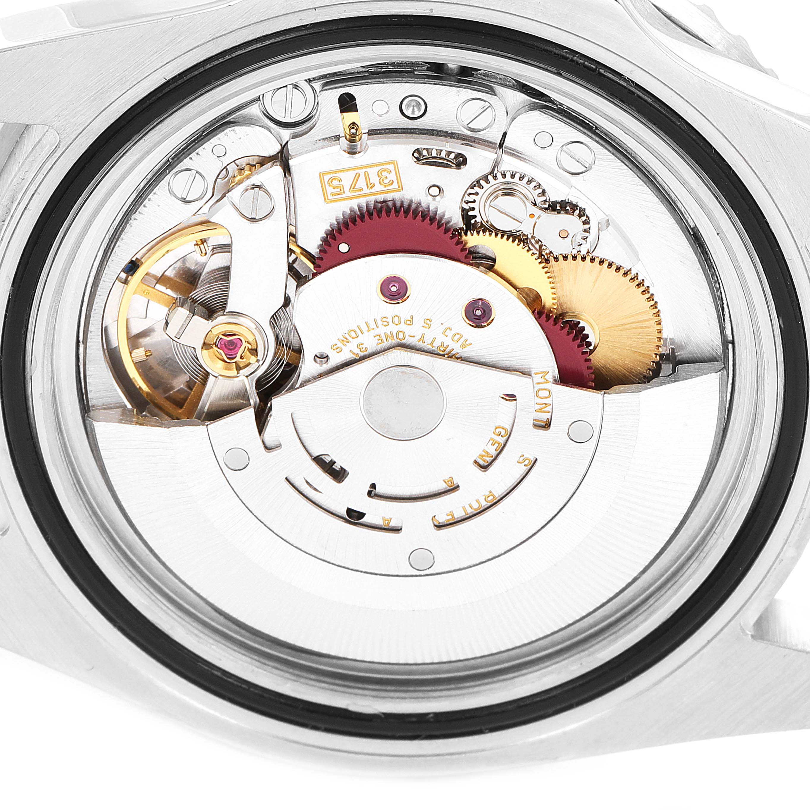 The image shows the internal mechanics and movement of a Rolex GMT-Master 16700 Men's Stainless Steel Black Dial 16700 Men's Stainless Steel Black Dial watch from a back view angle.