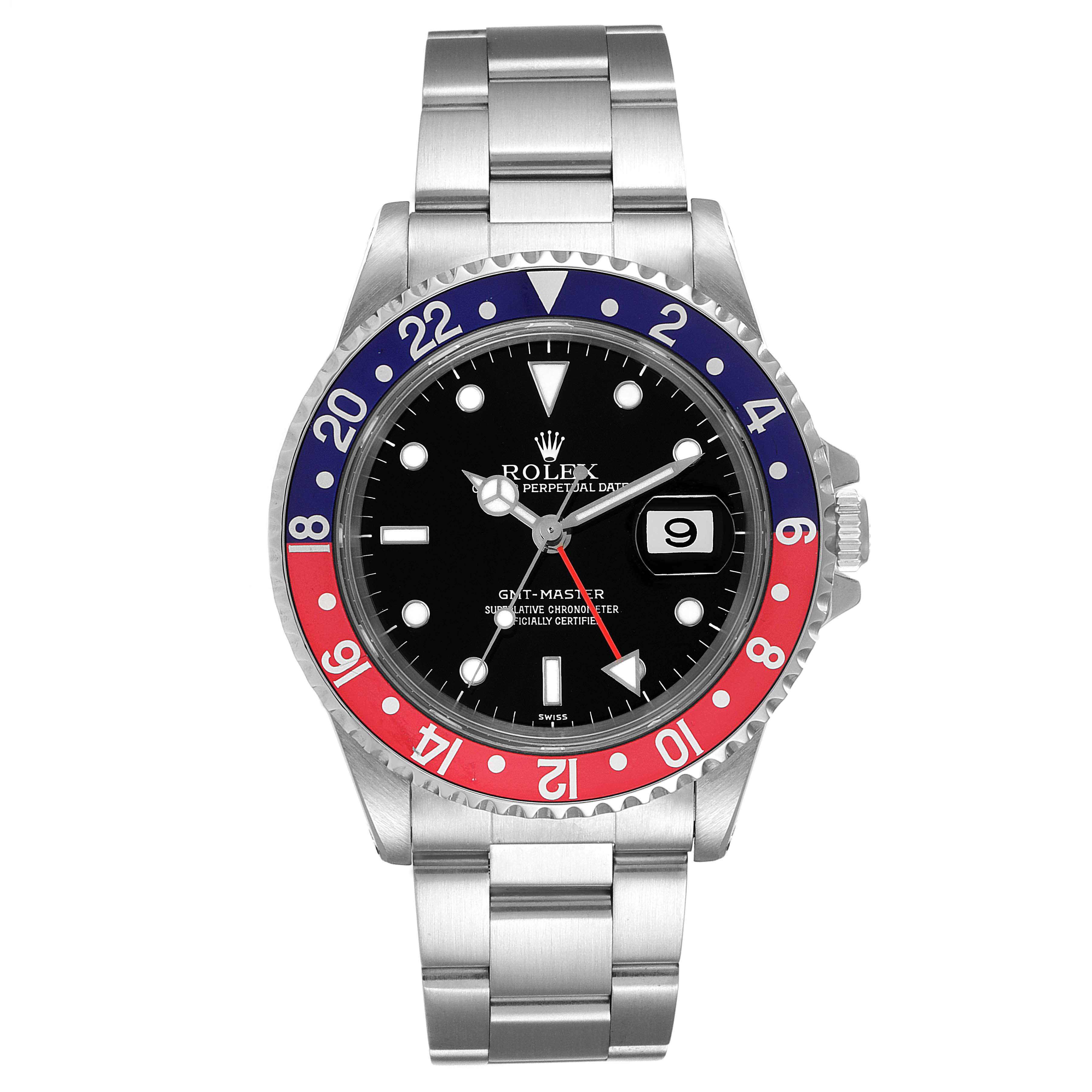 This Rolex GMT-Master 16700 Men's Stainless Steel Black Dial 16700 Men's Stainless Steel Black Dial watch is shown from a front angle, showcasing its bezel, dial, bracelet, and date window.