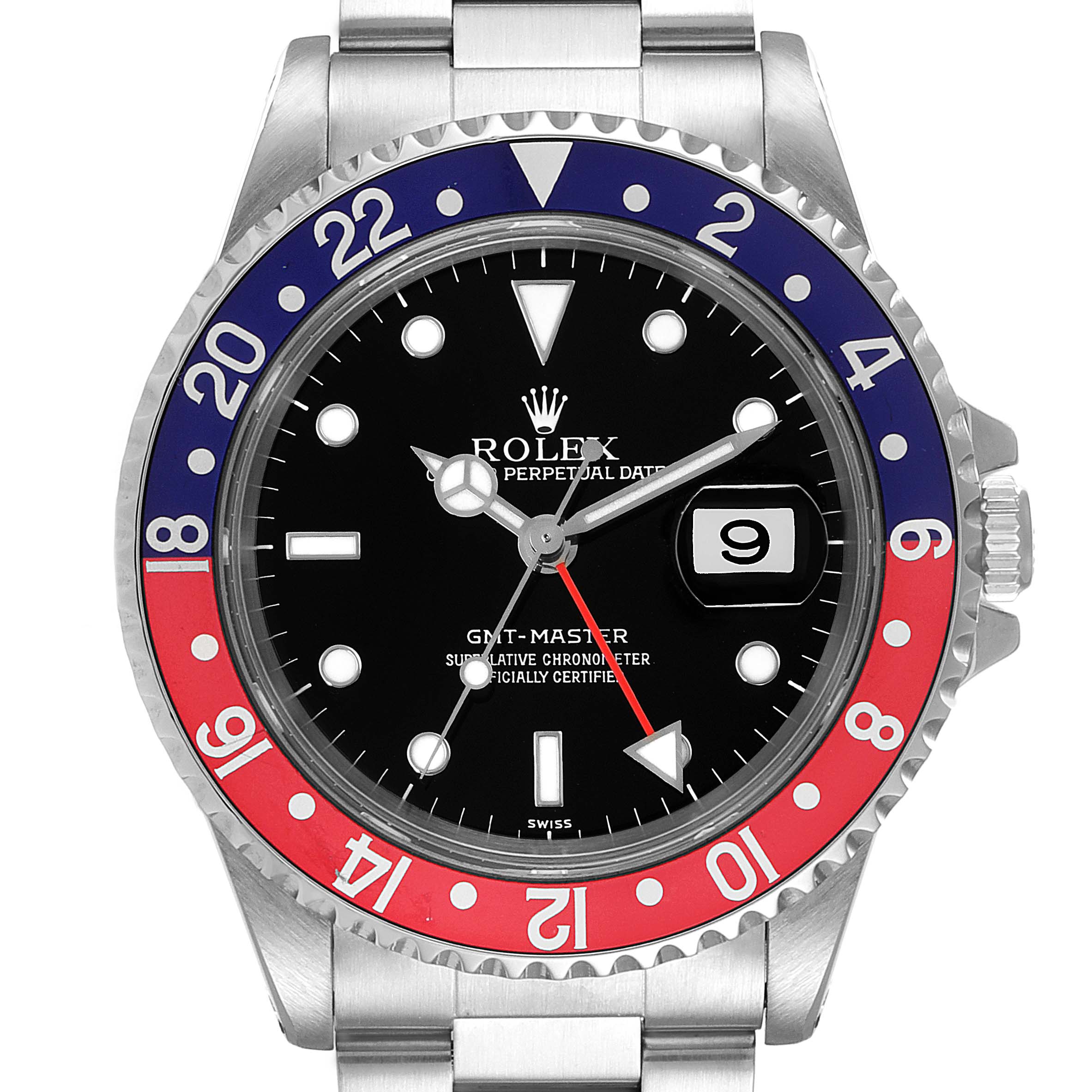 This image shows a Rolex GMT-Master 16700 Men's Stainless Steel Black Dial 16700 Men's Stainless Steel Black Dial watch from a front angle, displaying its bezel, dial, hands, and bracelet.