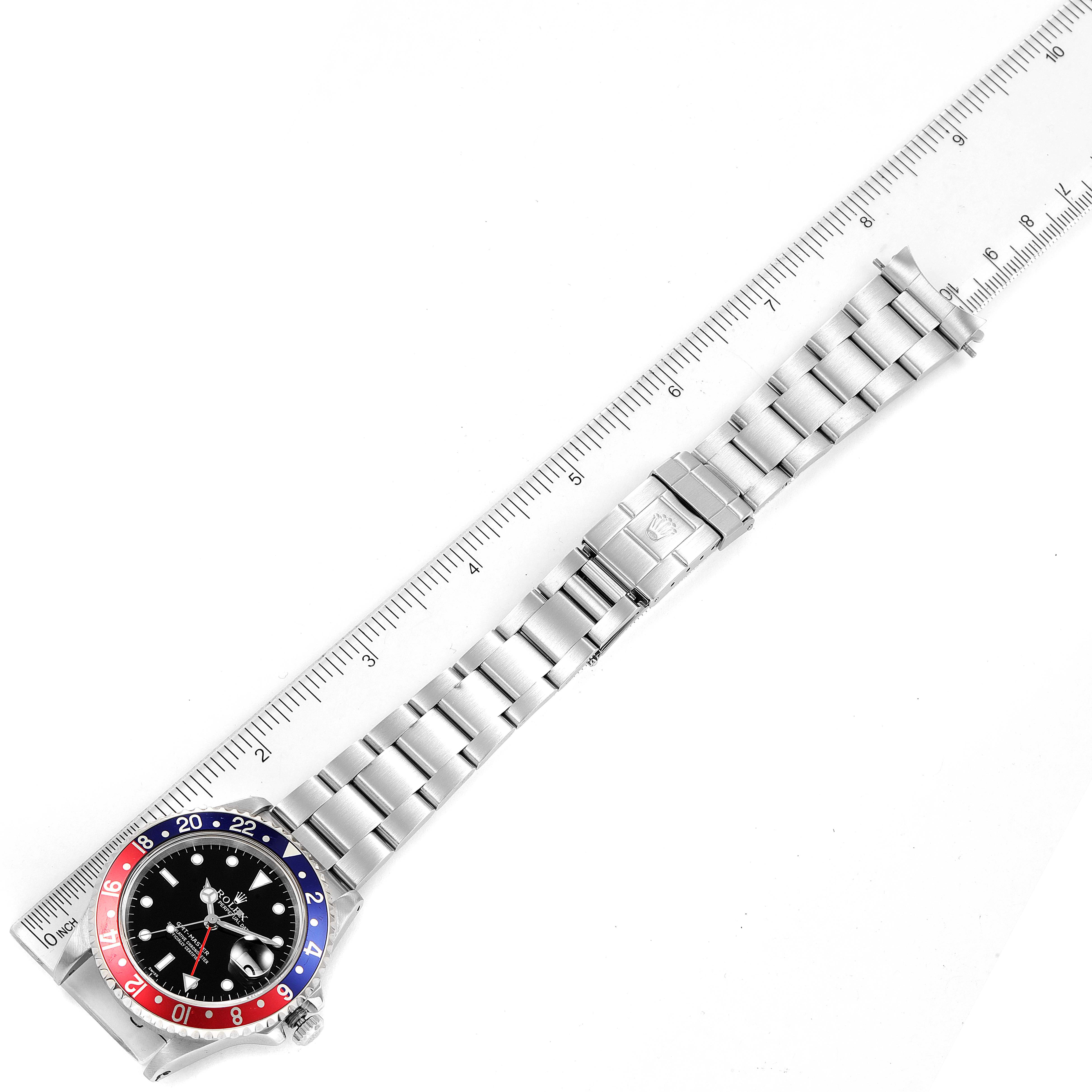 The image shows the full front view of a Rolex GMT-Master 16700 Men's Stainless Steel Black Dial 16700 Men's Stainless Steel Black Dial watch with a stainless steel bracelet and a "Pepsi" bezel.