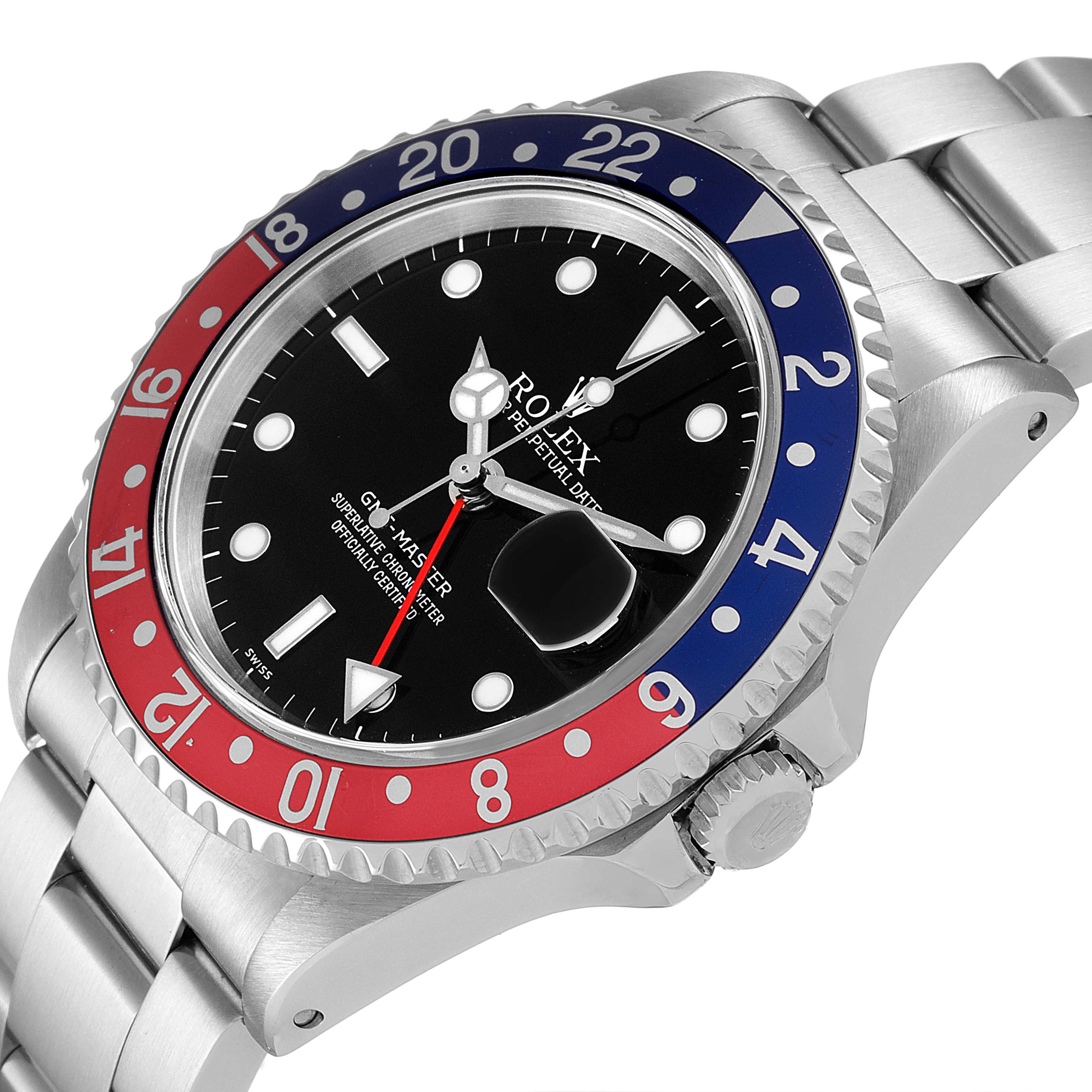 The image shows a close-up angle of a Rolex GMT-Master 16700 Men's Stainless Steel Black Dial 16700 Men's Stainless Steel Black Dial watch, highlighting its bezel, crown, and part of the bracelet.