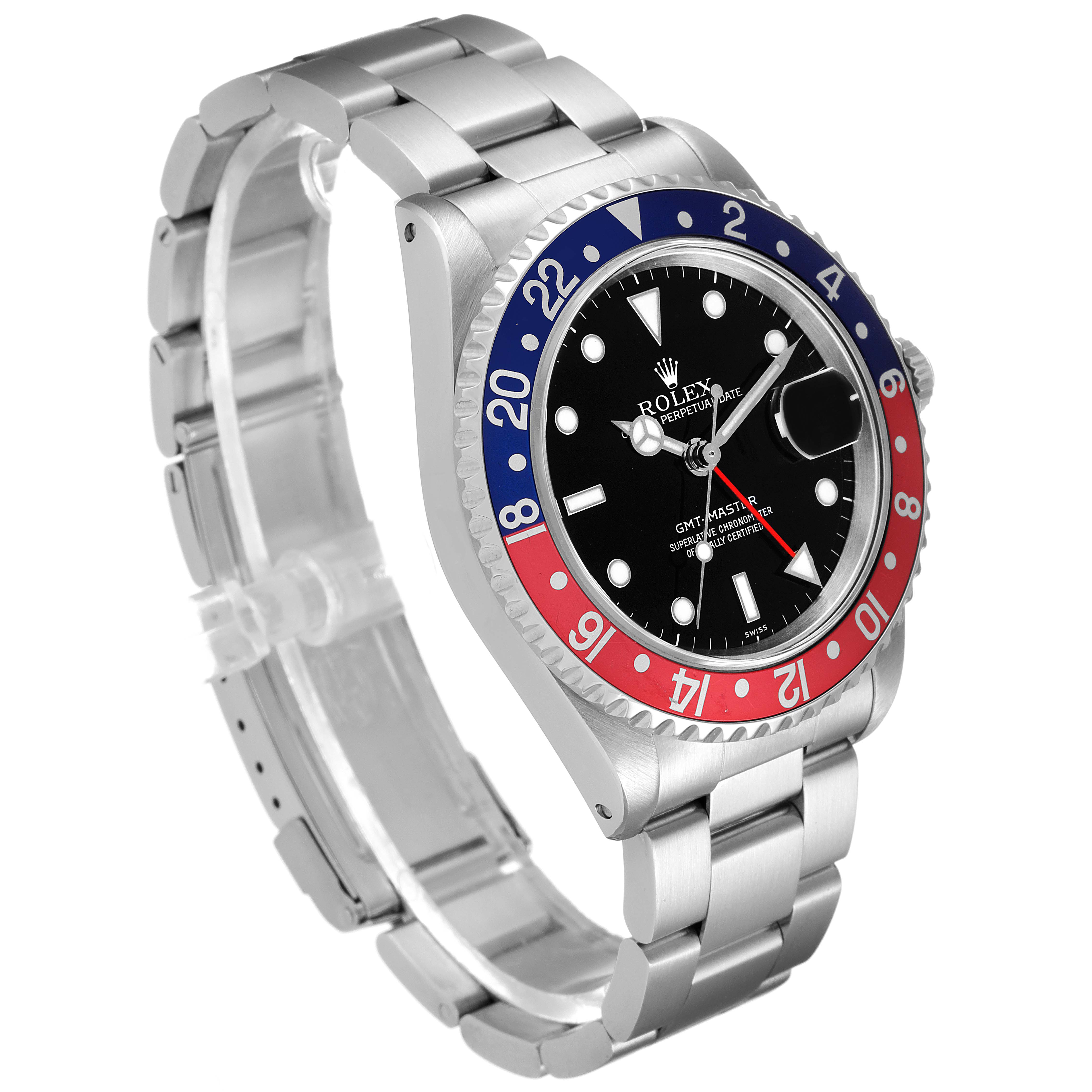 The image shows a Rolex GMT-Master 16700 Men's Stainless Steel Black Dial 16700 Men's Stainless Steel Black Dial watch angled to display the face, bezel, and part of the stainless steel bracelet.