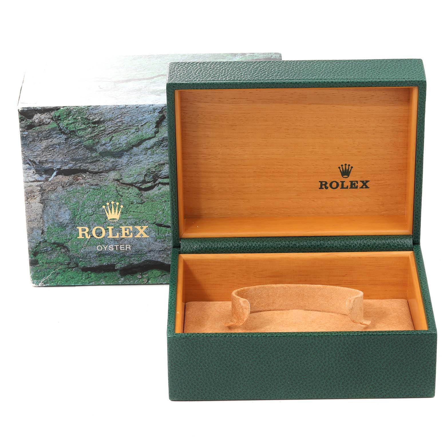 The image shows a green Rolex GMT-Master 16700 Men's Stainless Steel Black Dial 16700 Men's Stainless Steel Black Dial watch box with the lid open, revealing the wooden interior.