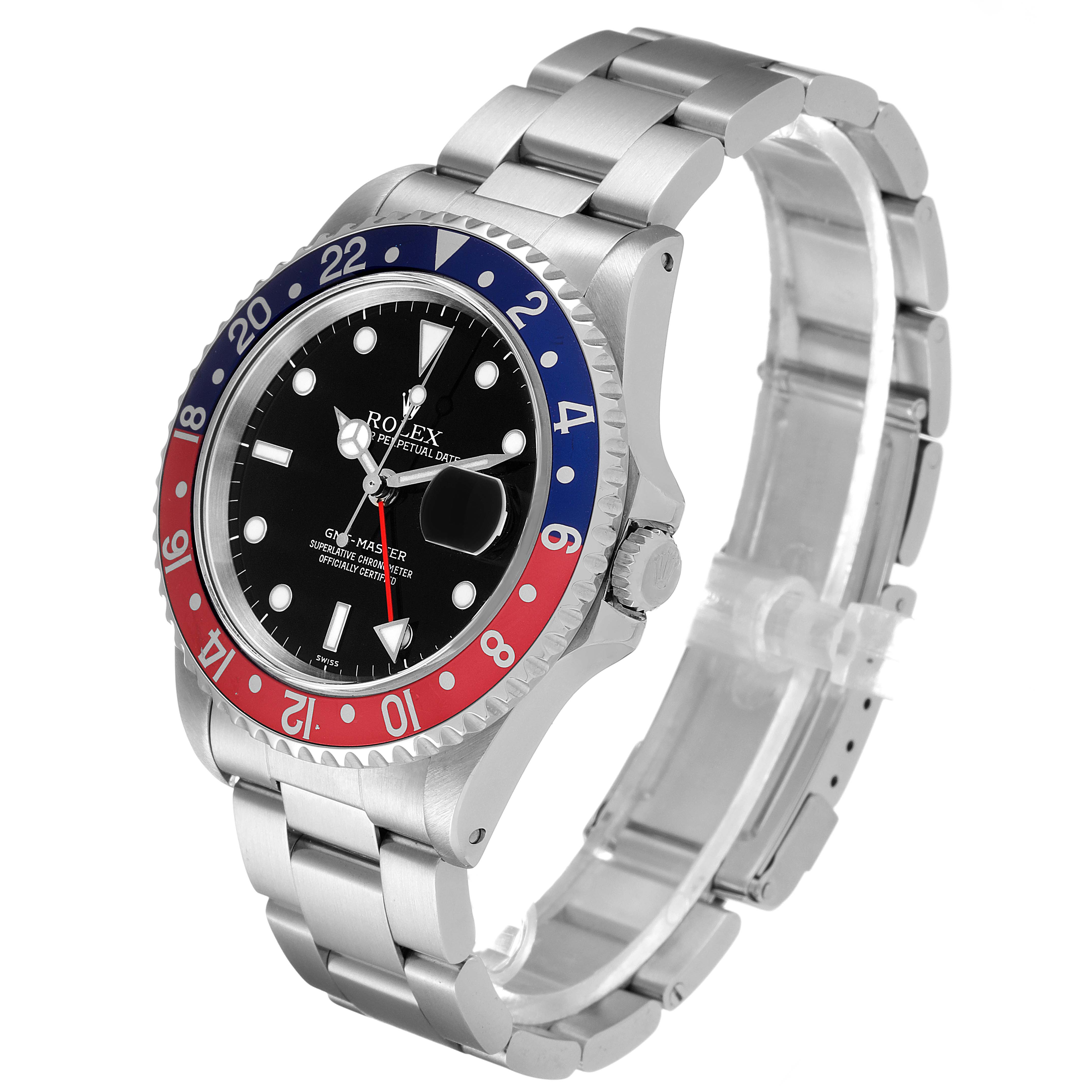 The image shows a side and frontal angle of a Rolex GMT-Master 16700 Men's Stainless Steel Black Dial 16700 Men's Stainless Steel Black Dial watch, highlighting its bezel, dial, and bracelet.