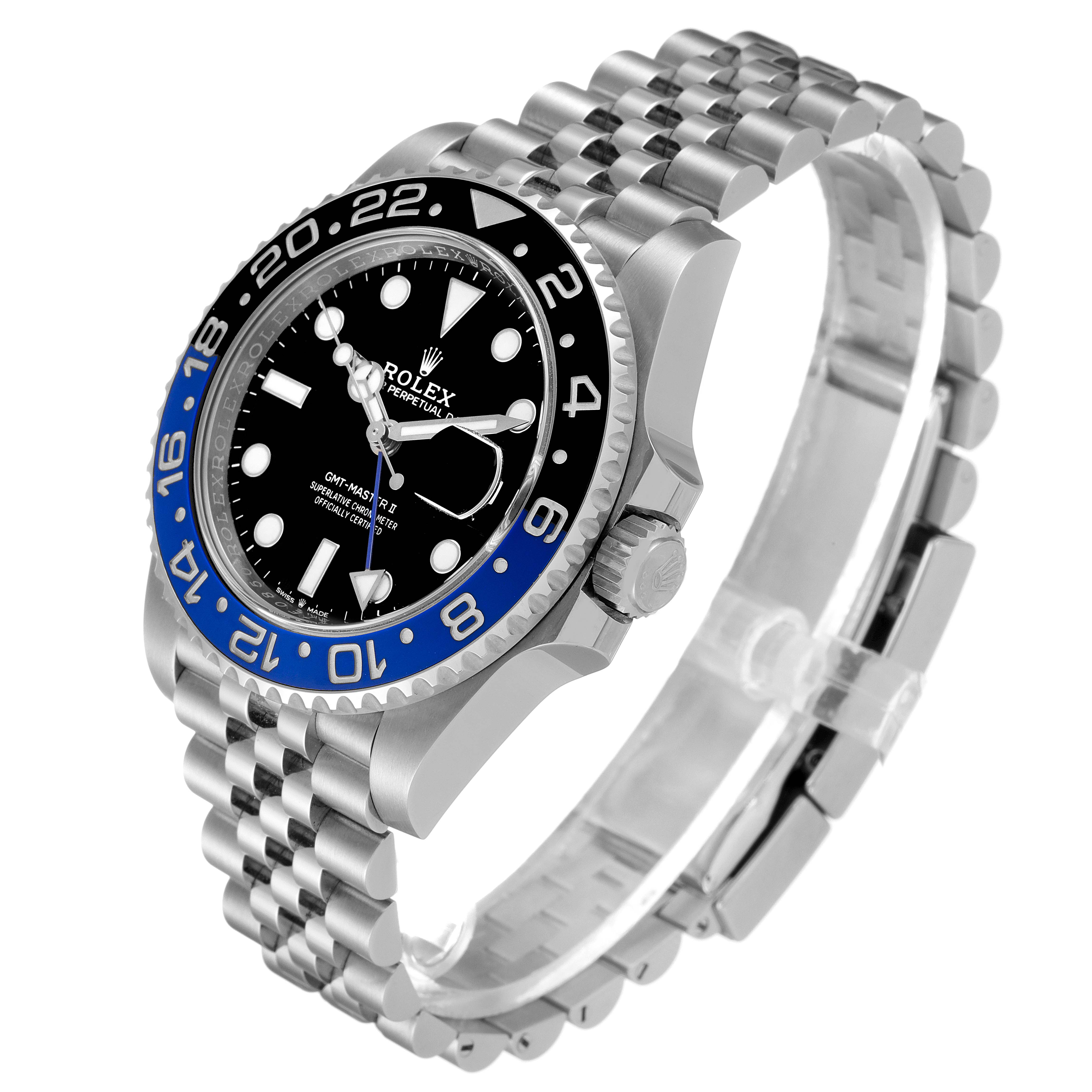 The Rolex GMT-Master 126710 Men
s Stainless Steel Black Dial 126710 Men
s Stainless Steel Black Dial watch is shown at an angled view, highlighting the bezel, dial, crown, and bracelet.