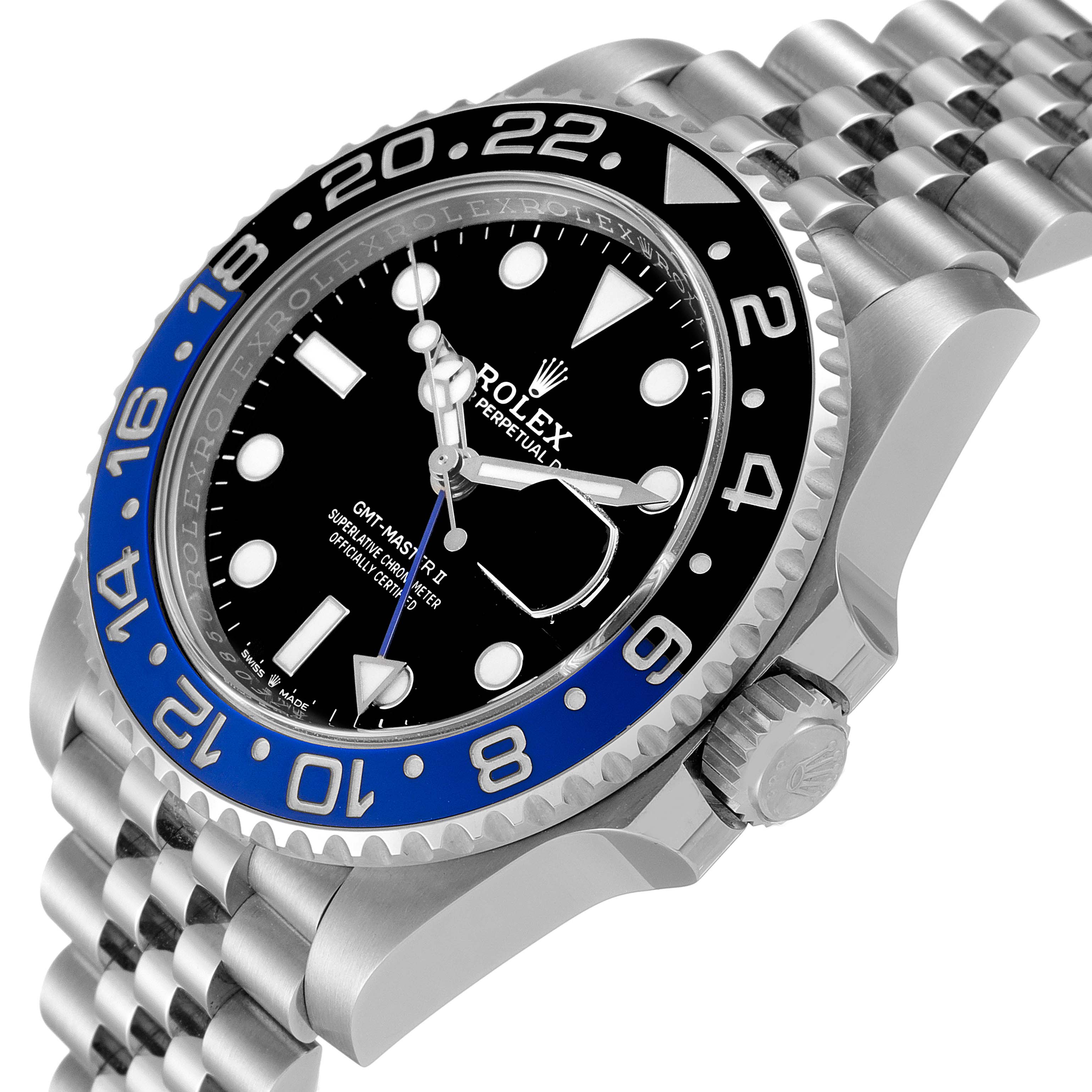 The image shows a Rolex GMT-Master 126710 Men
s Stainless Steel Black Dial 126710 Men
s Stainless Steel Black Dial watch at an angle highlighting its face, bezel, crown, and part of the metal bracelet.