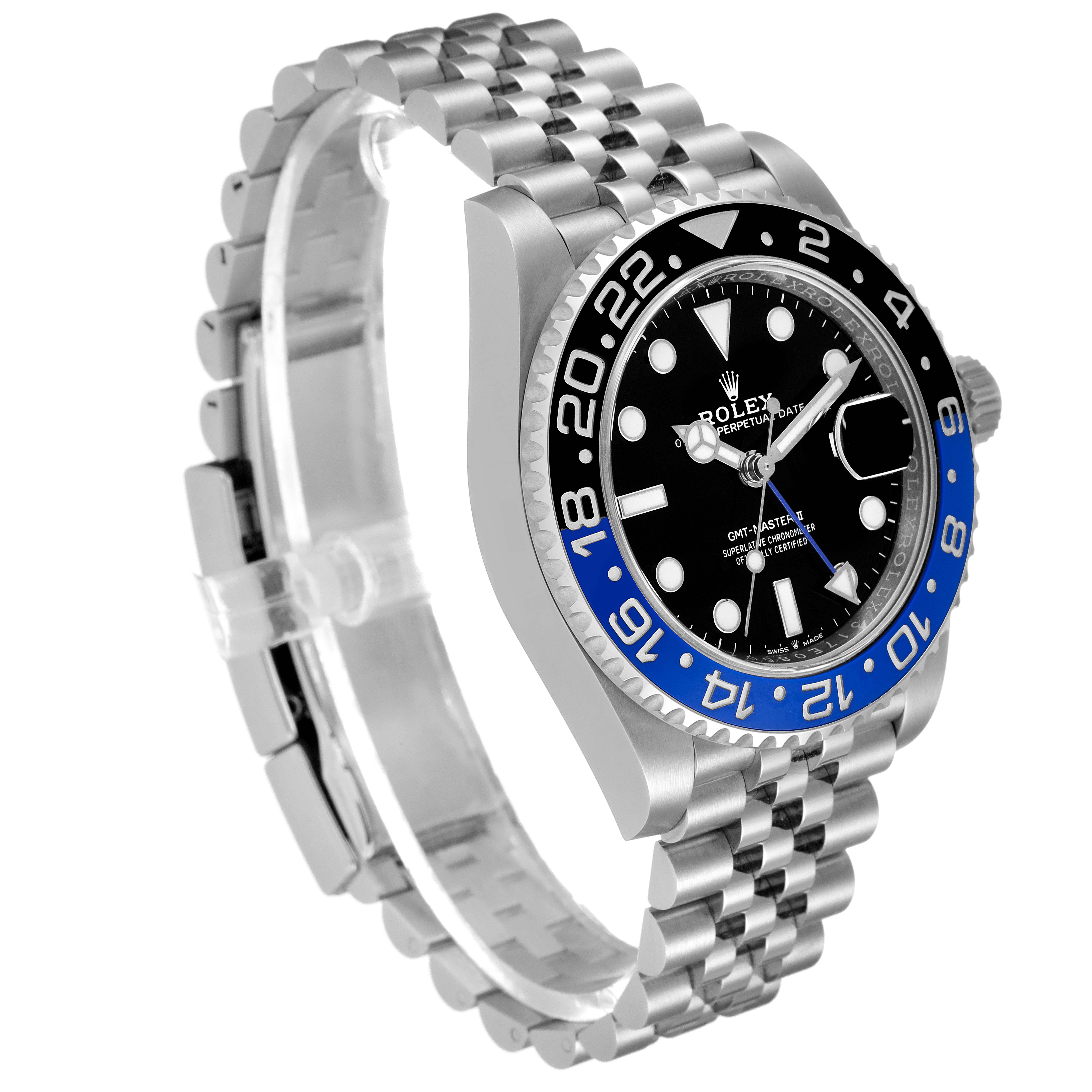 The Rolex GMT-Master 126710 Men
s Stainless Steel Black Dial 126710 Men
s Stainless Steel Black Dial watch is shown from a front-left angle, highlighting its dial, bezel, and bracelet.