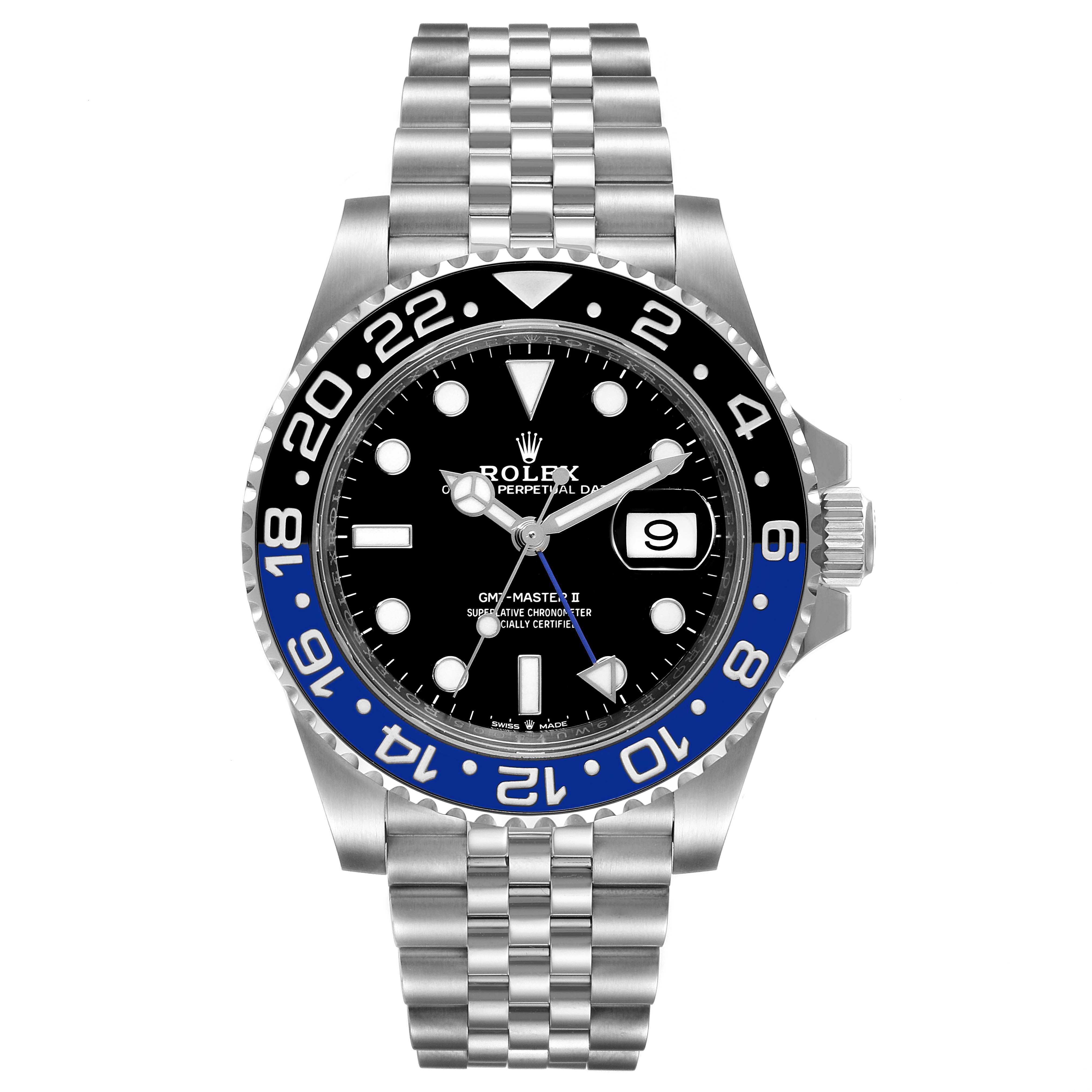 The image shows a front view of a Rolex GMT-Master 126710 Men
s Stainless Steel Black Dial 126710 Men
s Stainless Steel Black Dial watch, displaying the bezel, dial, and bracelet.