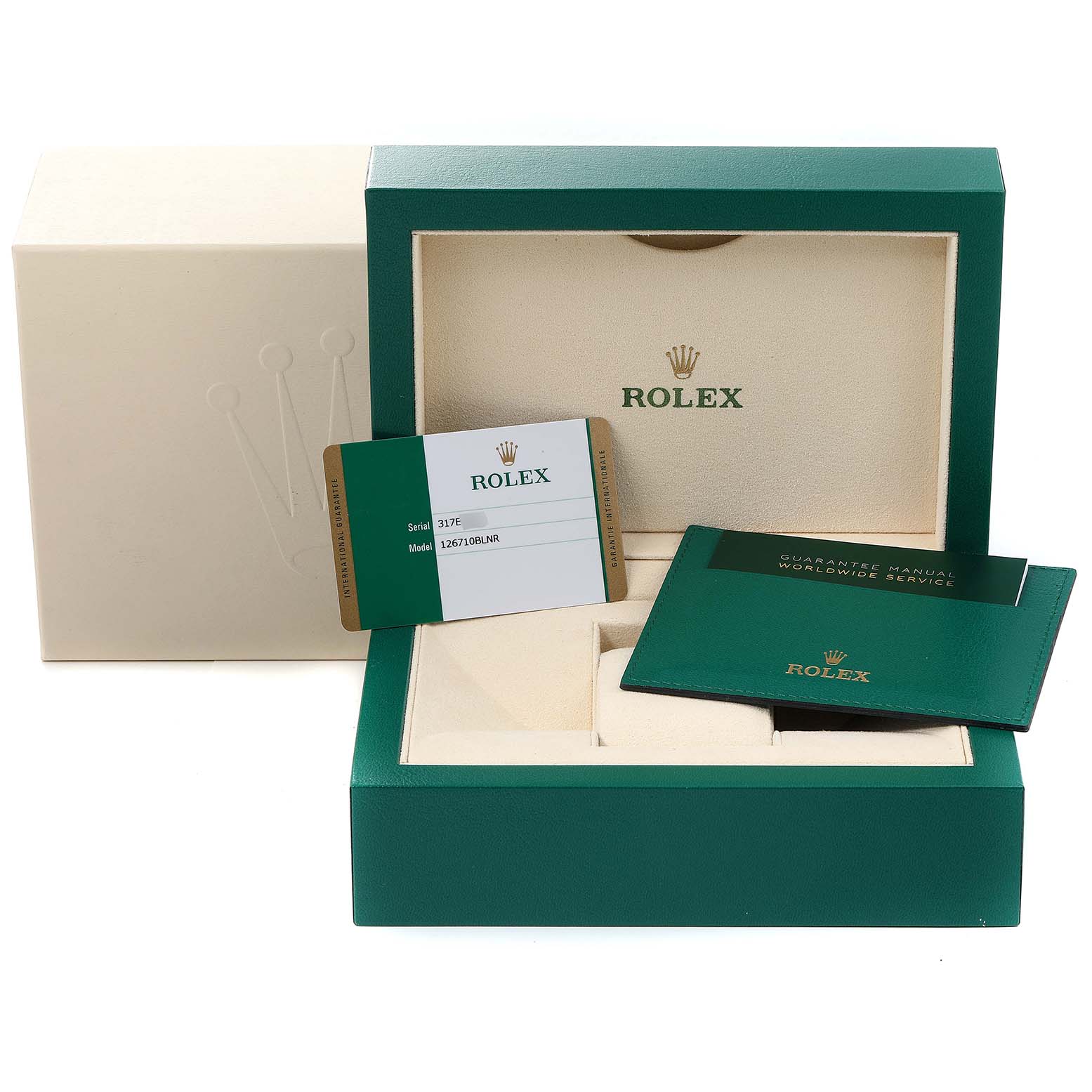 The image shows the packaging, warranty card, and manual for a Rolex GMT-Master 126710 Men
s Stainless Steel Black Dial 126710 Men
s Stainless Steel Black Dial, box labeled and branded.