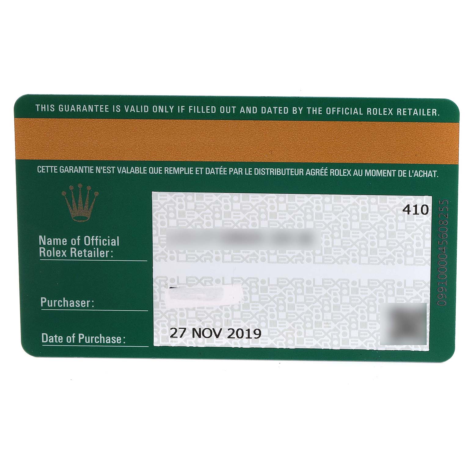 This image shows the warranty card for the Rolex GMT-Master 126710 Men
s Stainless Steel Black Dial 126710 Men
s Stainless Steel Black Dial, detailing official retailer, purchaser, and date of purchase information.