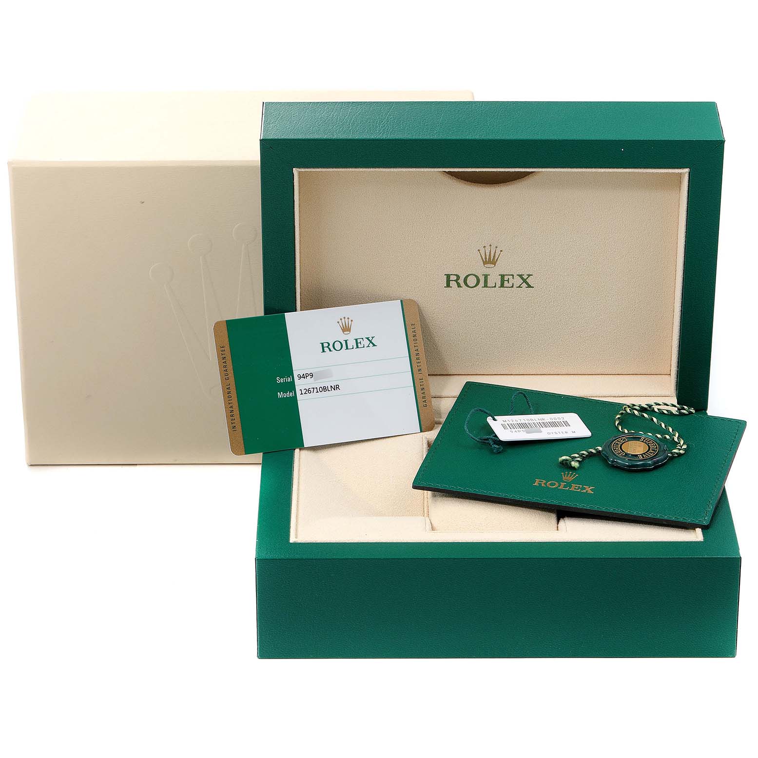 The image shows the packaging, warranty card, and hang tag for a Rolex GMT-Master 126710 Men's Stainless Steel Black Dial 126710 Men's Stainless Steel Black Dial watch.