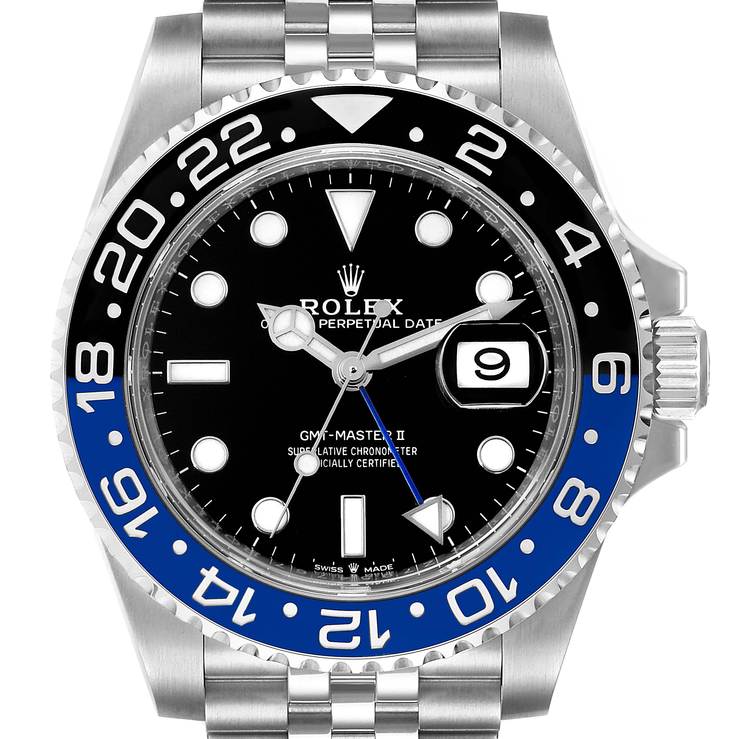 This image shows a Rolex GMT-Master 126710 Men's Stainless Steel Black Dial 126710 Men's Stainless Steel Black Dial II watch from a front view, highlighting the dial, bezel, and part of the bracelet.