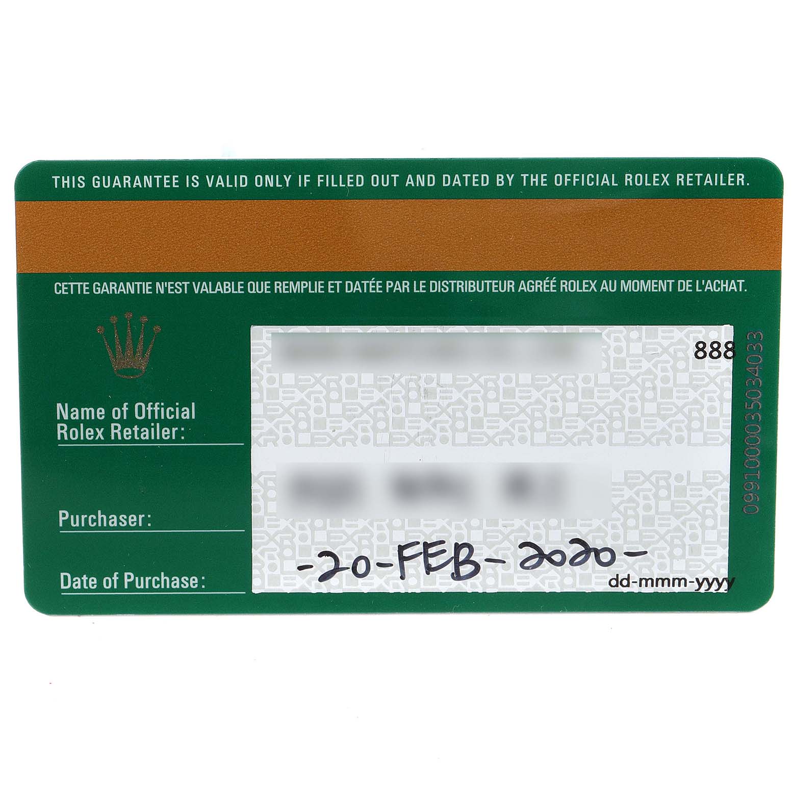 This image shows a guarantee card for a Rolex GMT-Master 126710 Men's Stainless Steel Black Dial 126710 Men's Stainless Steel Black Dial watch, filled with purchase details.