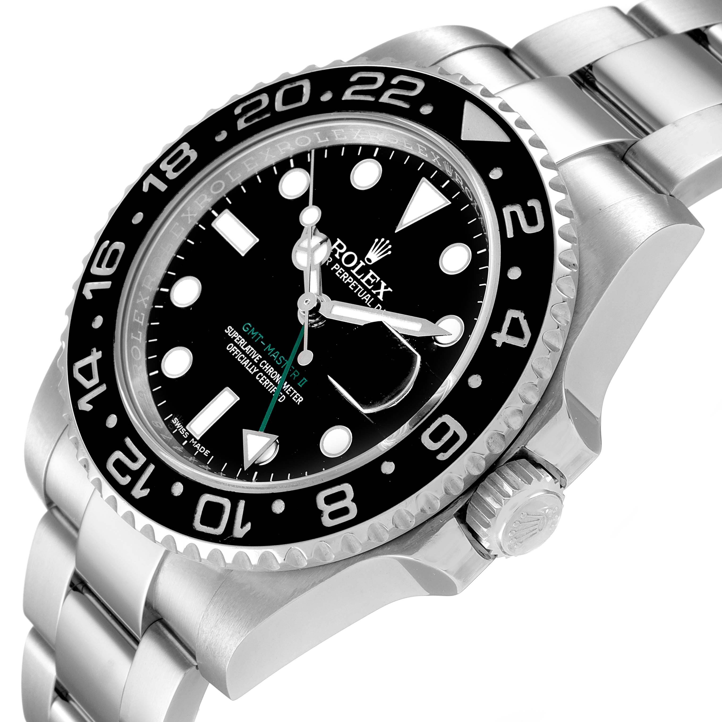 This image shows a Rolex GMT-Master 116710 Men's Stainless Steel Black Dial 116710 Men's Stainless Steel Black Dial watch at a slight angle, highlighting the case, dial, bezel, and bracelet.
