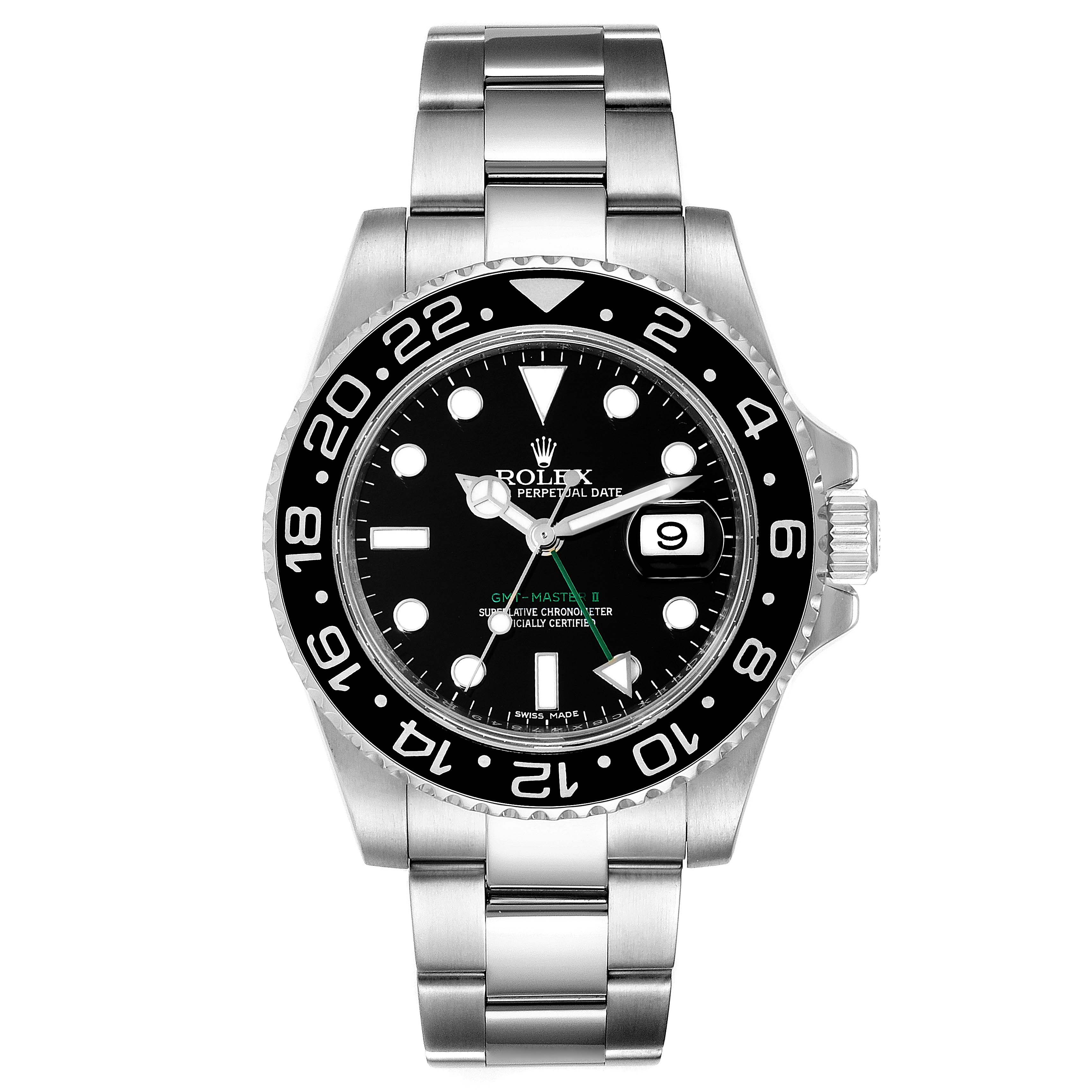 This image shows a frontal view of the Rolex GMT-Master 116710 Men's Stainless Steel Black Dial 116710 Men's Stainless Steel Black Dial II, highlighting its dial, bezel, and bracelet.