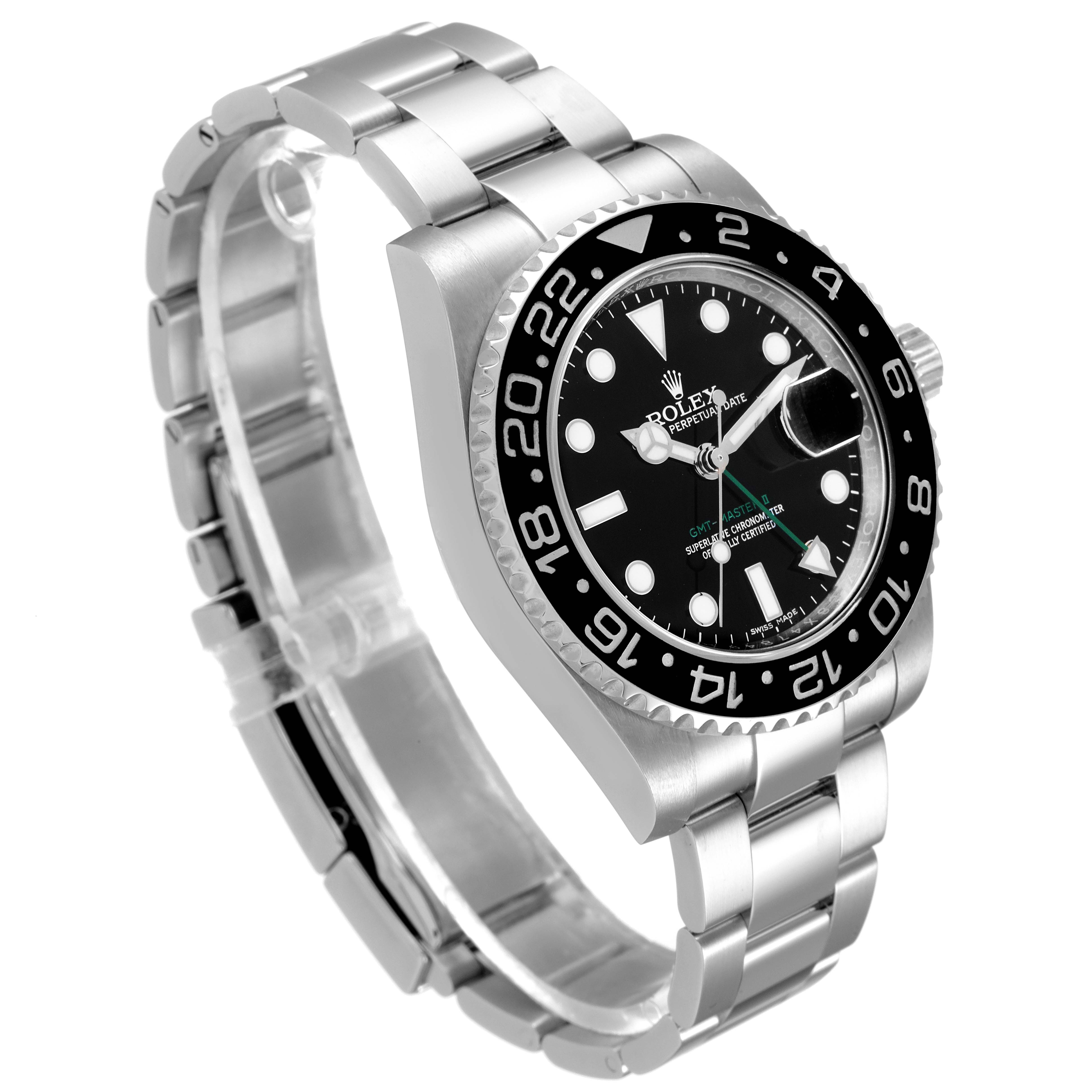 The Rolex GMT-Master 116710 Men's Stainless Steel Black Dial 116710 Men's Stainless Steel Black Dial watch is shown at an angle showcasing the face, bezel, bracelet, and part of the clasp.